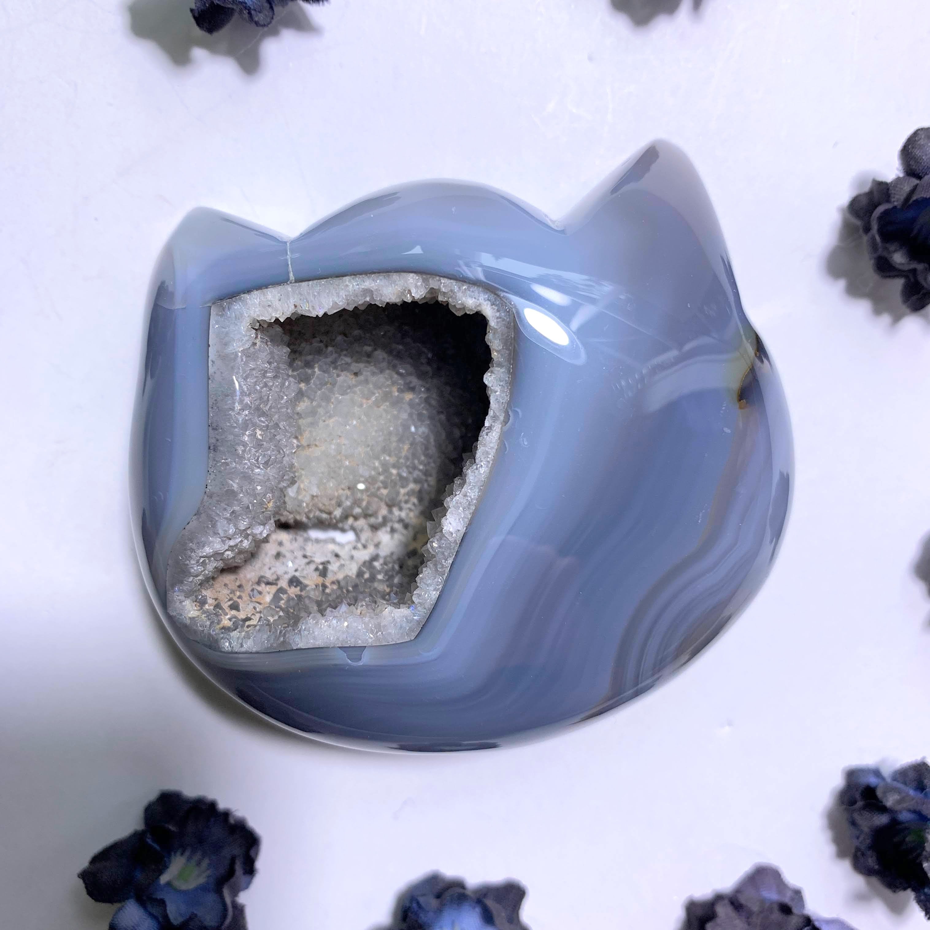 Druzy Geode & Blue Agate Cat Head Carving From Brazil #1