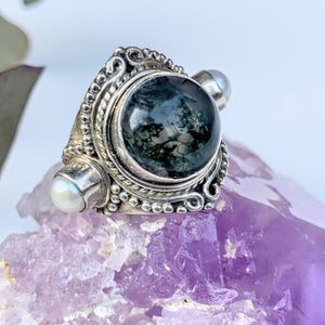 Chunky Moss Agate & Pearl Statement Ring in Sterling Silver (Size: 6.5) - Earth Family Crystals