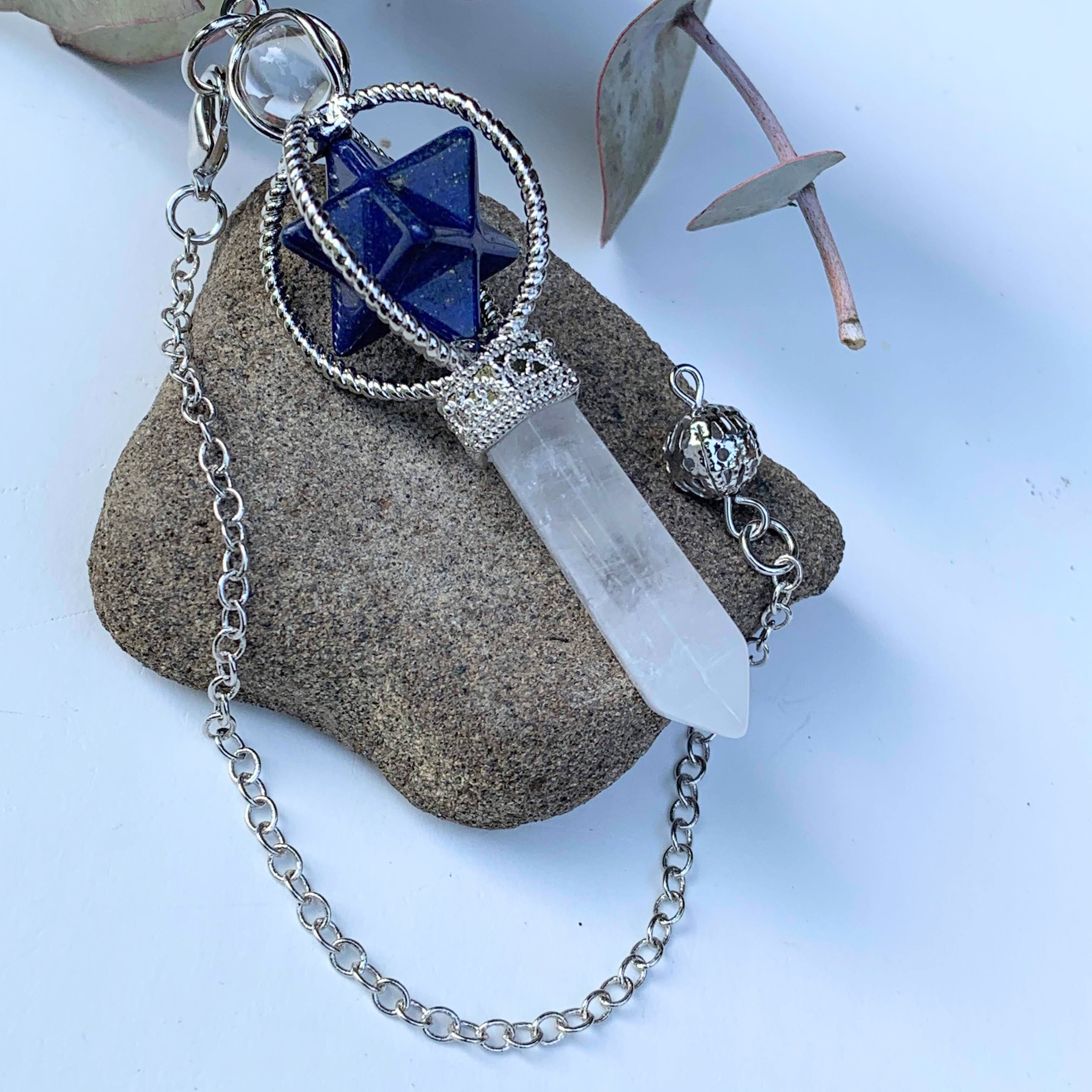 Lapis Lazuli Merkaba & Clear Quartz Pendulum With Detachable Cord