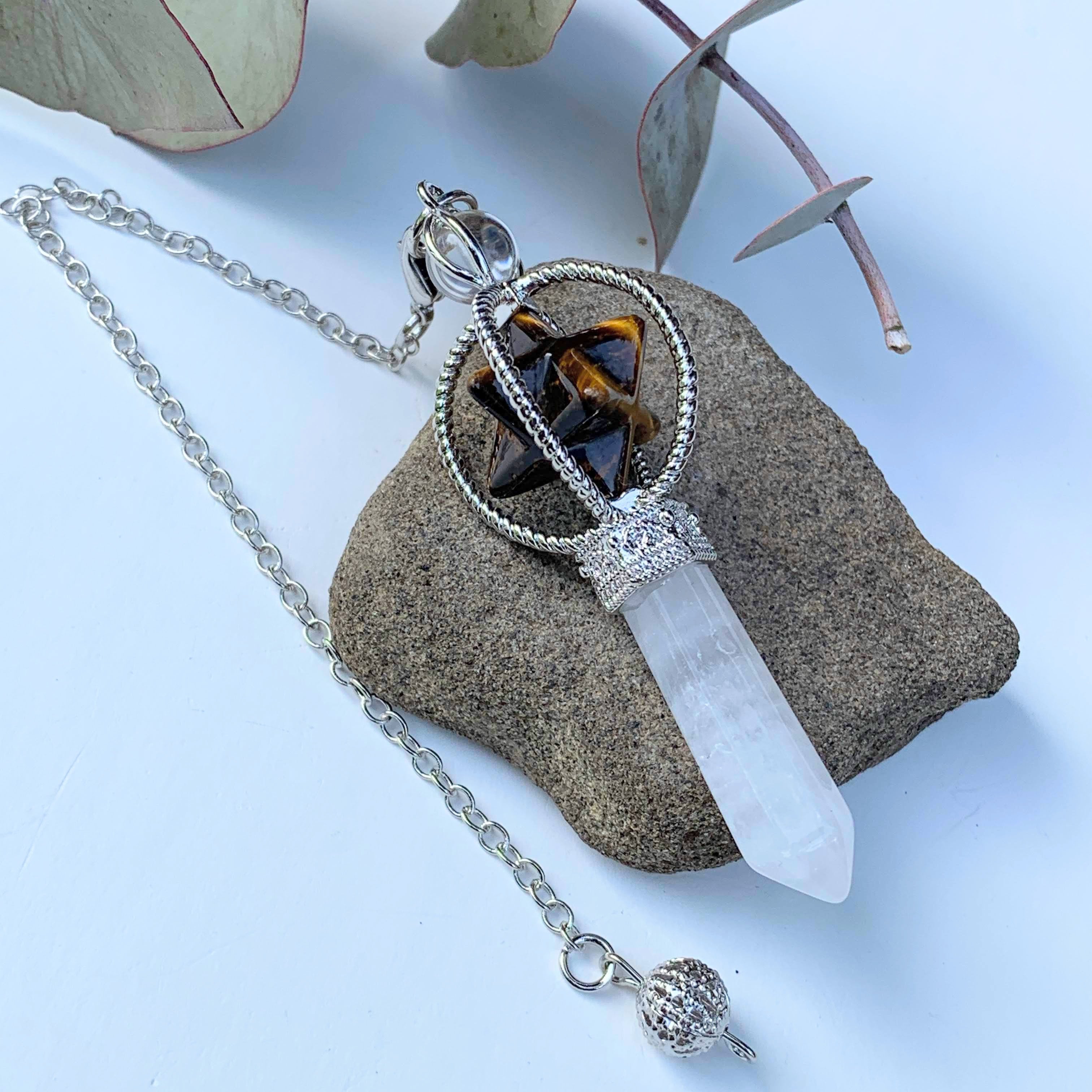 Tiger Eye Merkaba & Clear Quartz Pendulum With Detachable Cord - Earth Family Crystals