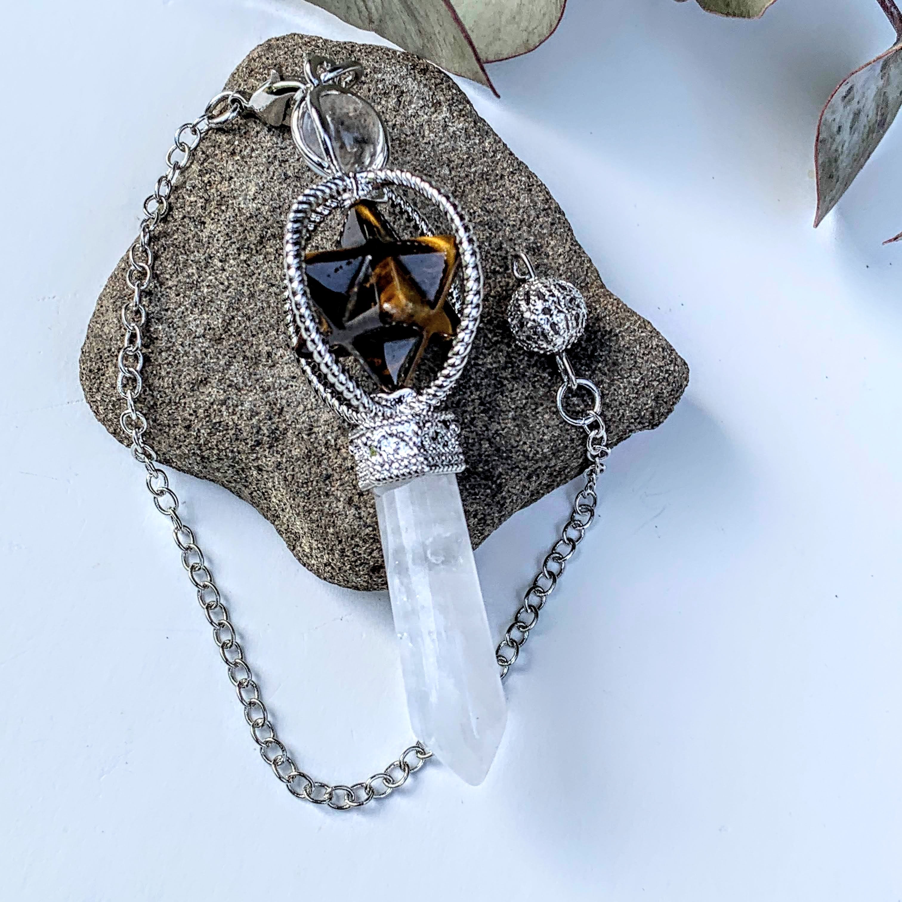 Tiger Eye Merkaba & Clear Quartz Pendulum With Detachable Cord - Earth Family Crystals