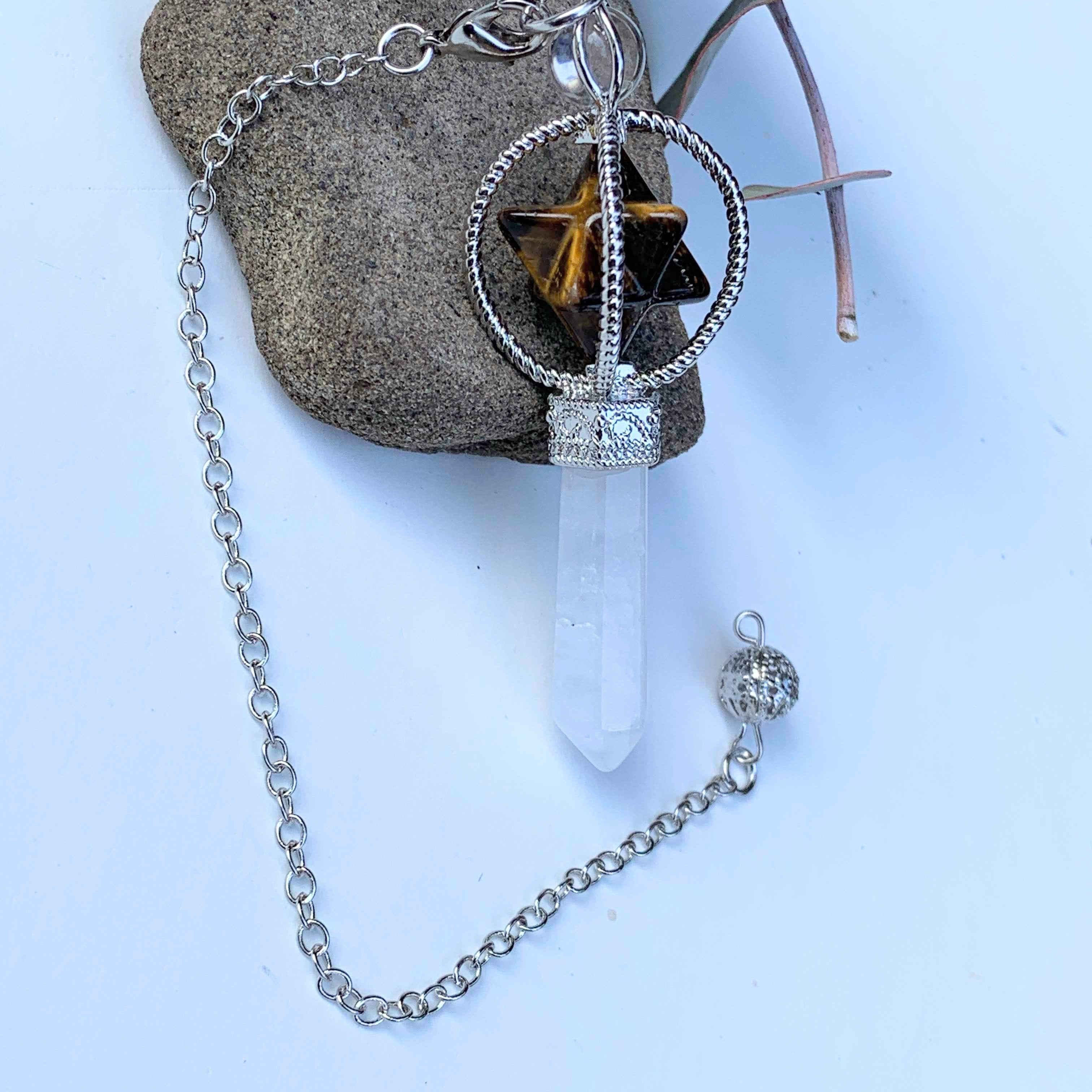 Tiger Eye Merkaba & Clear Quartz Pendulum With Detachable Cord - Earth Family Crystals