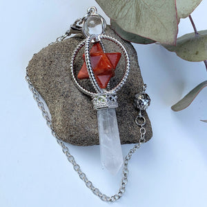 Red Jasper Merkaba & Clear Quartz Pendulum With Detachable Cord - Earth Family Crystals