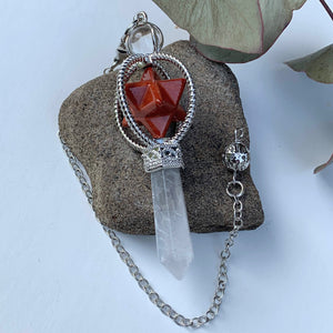 Red Jasper Merkaba & Clear Quartz Pendulum With Detachable Cord - Earth Family Crystals