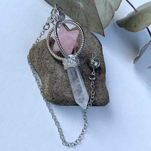 Rose Quartz Merkaba & Clear Quartz Pendulum With Detachable Cord - Earth Family Crystals