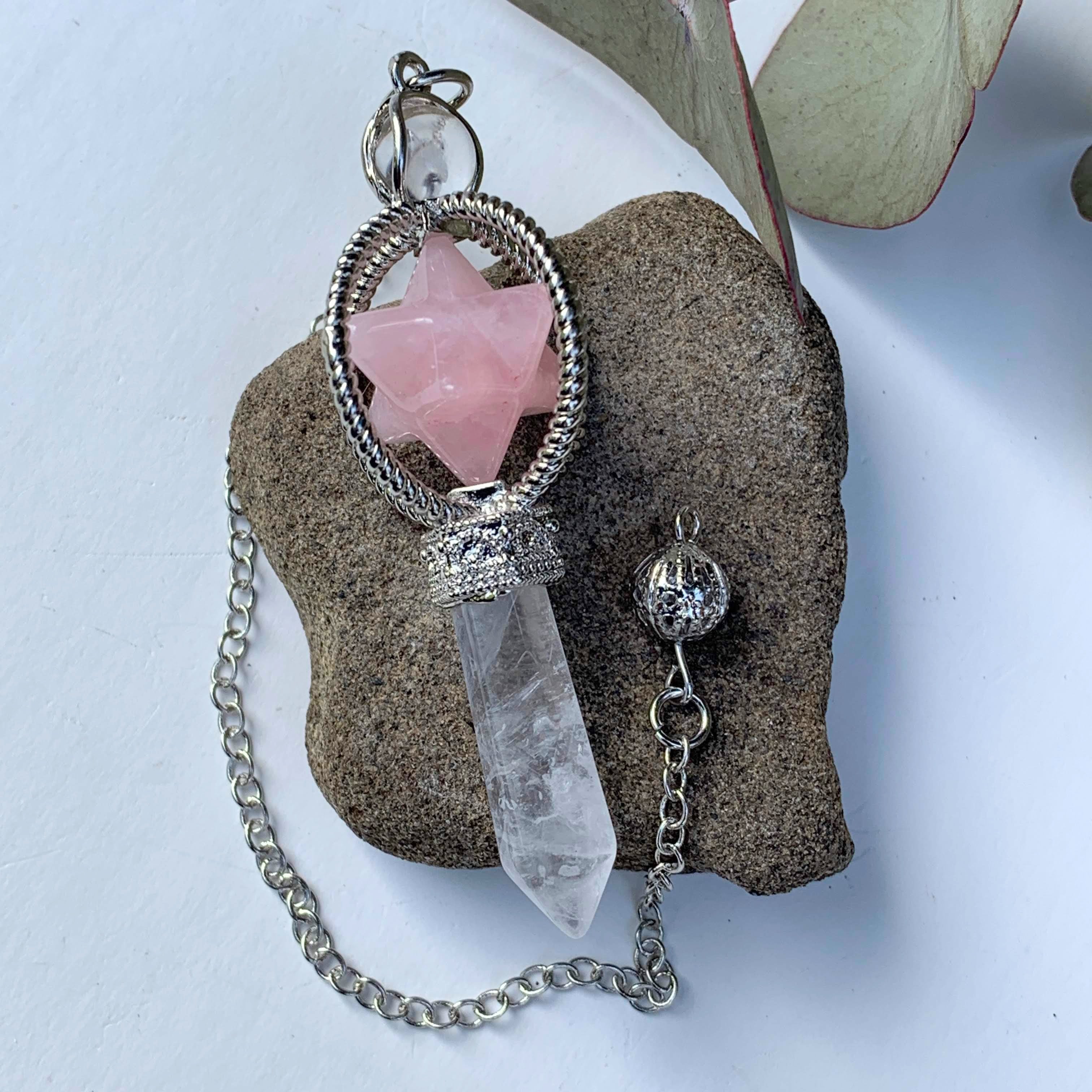 Rose Quartz Merkaba & Clear Quartz Pendulum With Detachable Cord - Earth Family Crystals