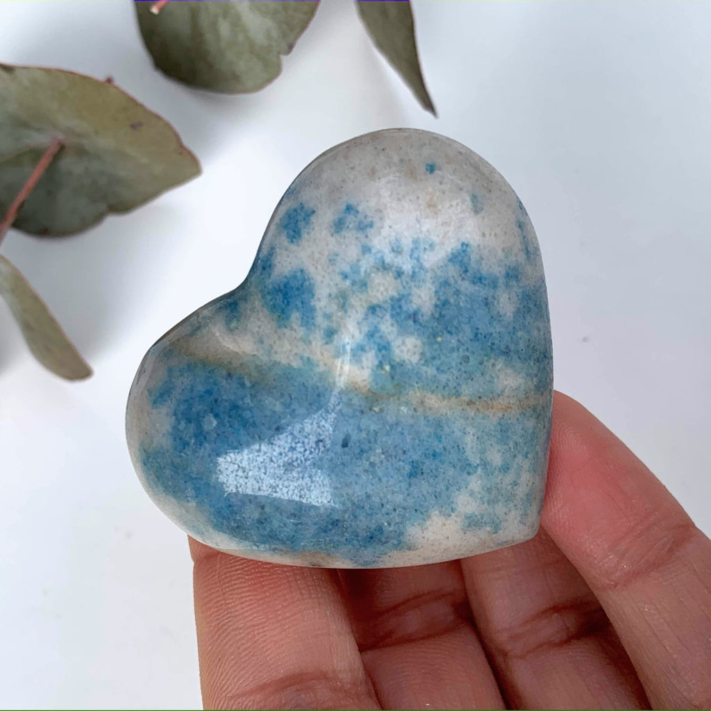 Pretty Sky Blue & Creamy White Contrast Small Trolleite  Love Heart Carving From Brazil #6 - Earth Family Crystals