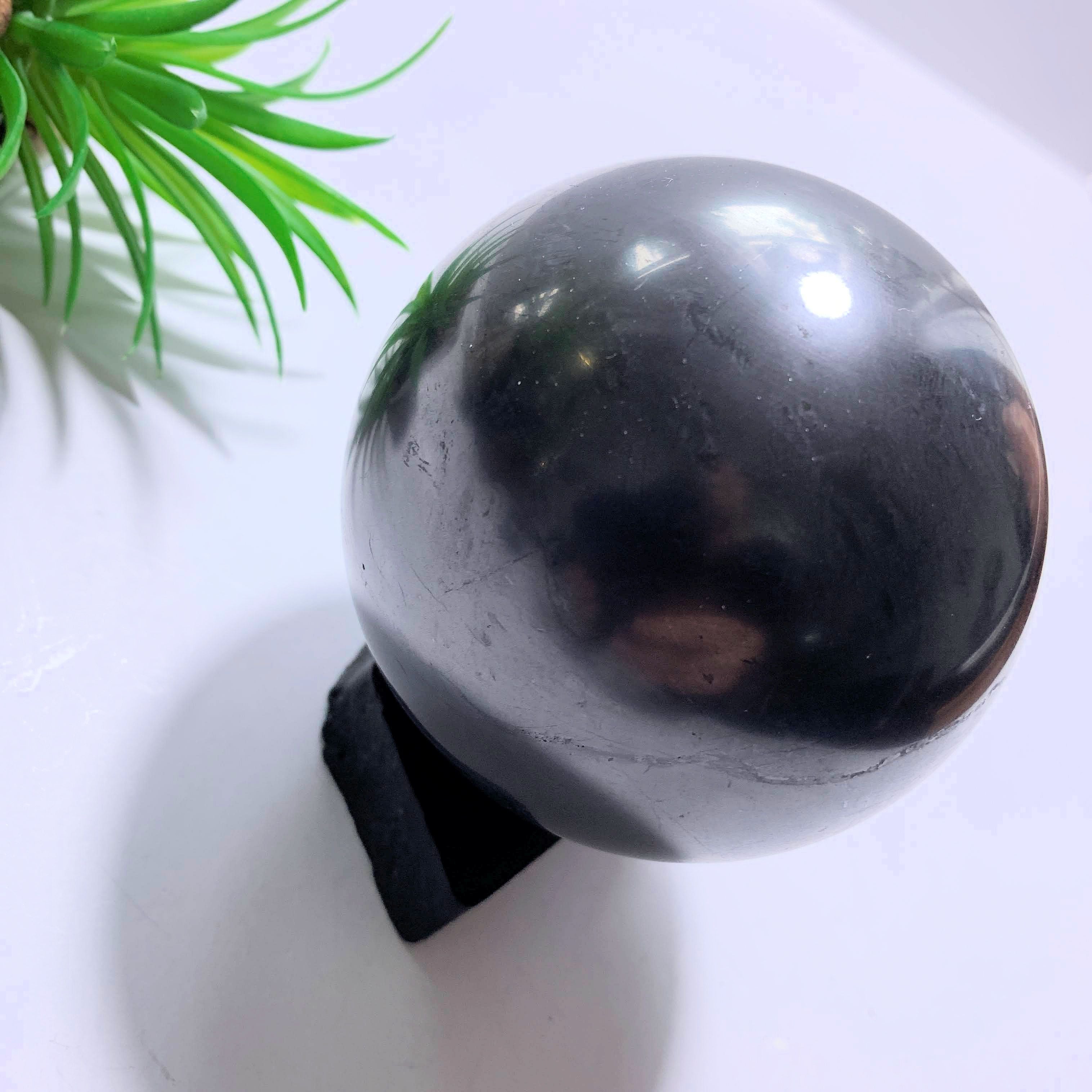 EMF Protection~Polished Shungite XL Sphere With Shungite Stand From Russia - Earth Family Crystals