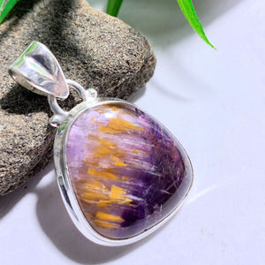 Stunning Rare Cacoxenite & Amethyst Gemstone Pendant in Sterling Silver (Includes Silver Chain) #1