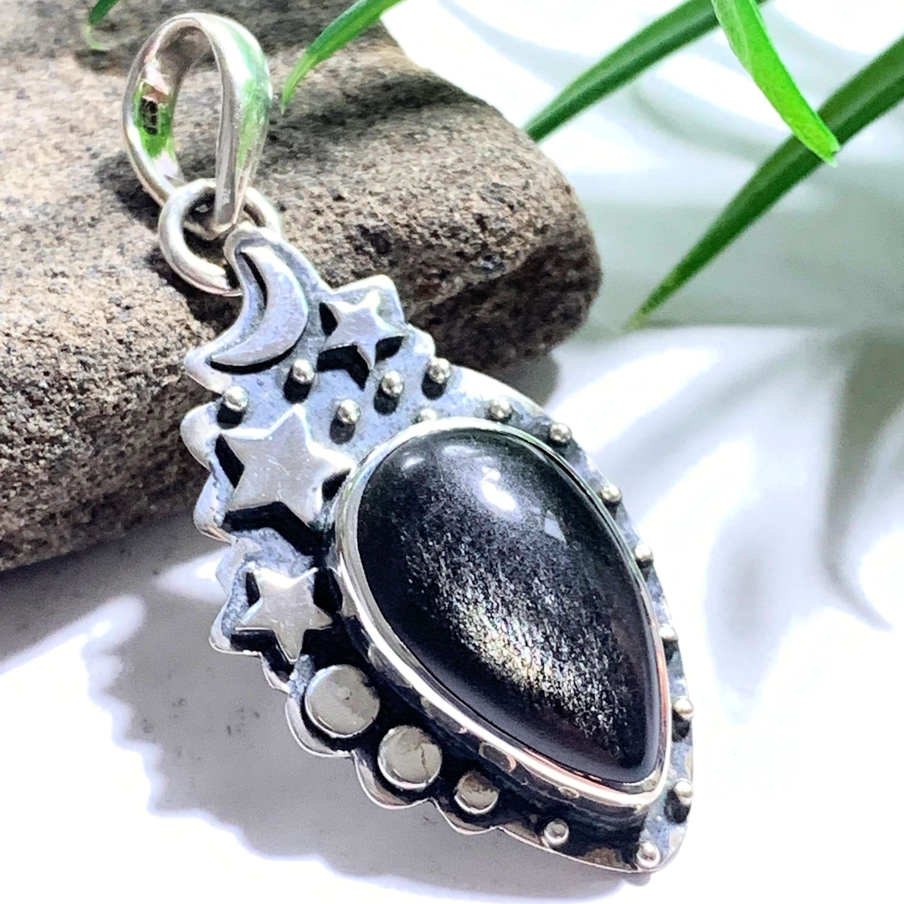 Moon & Stars Golden Sheen Obsidian Gemstone Pendant in Oxidized Sterling Silver (Includes Silver Chain) #3