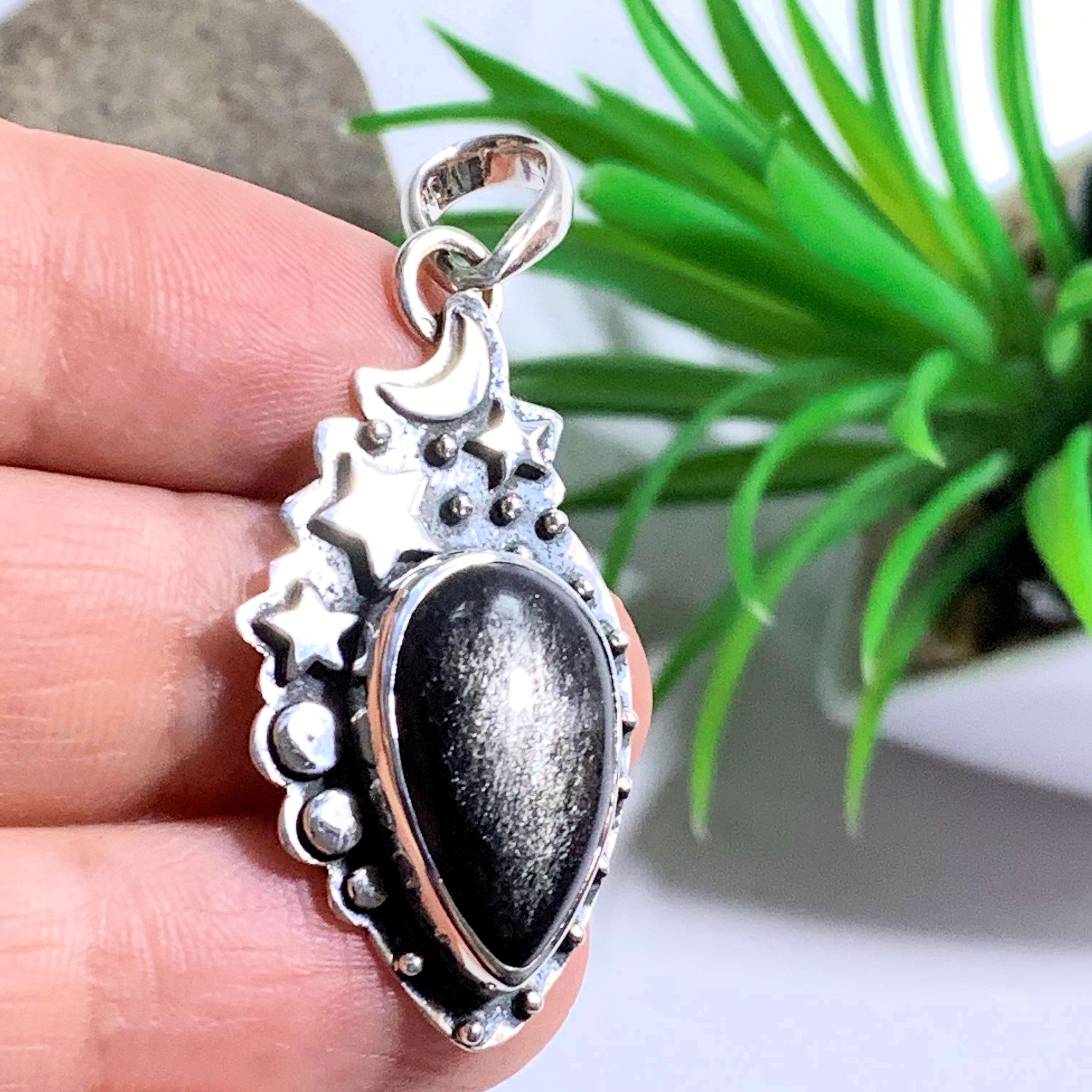Moon & Stars Golden Sheen Obsidian Gemstone Pendant in Oxidized Sterling Silver (Includes Silver Chain) #3
