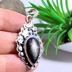 Moon & Stars Golden Sheen Obsidian Gemstone Pendant in Oxidized Sterling Silver (Includes Silver Chain) #3