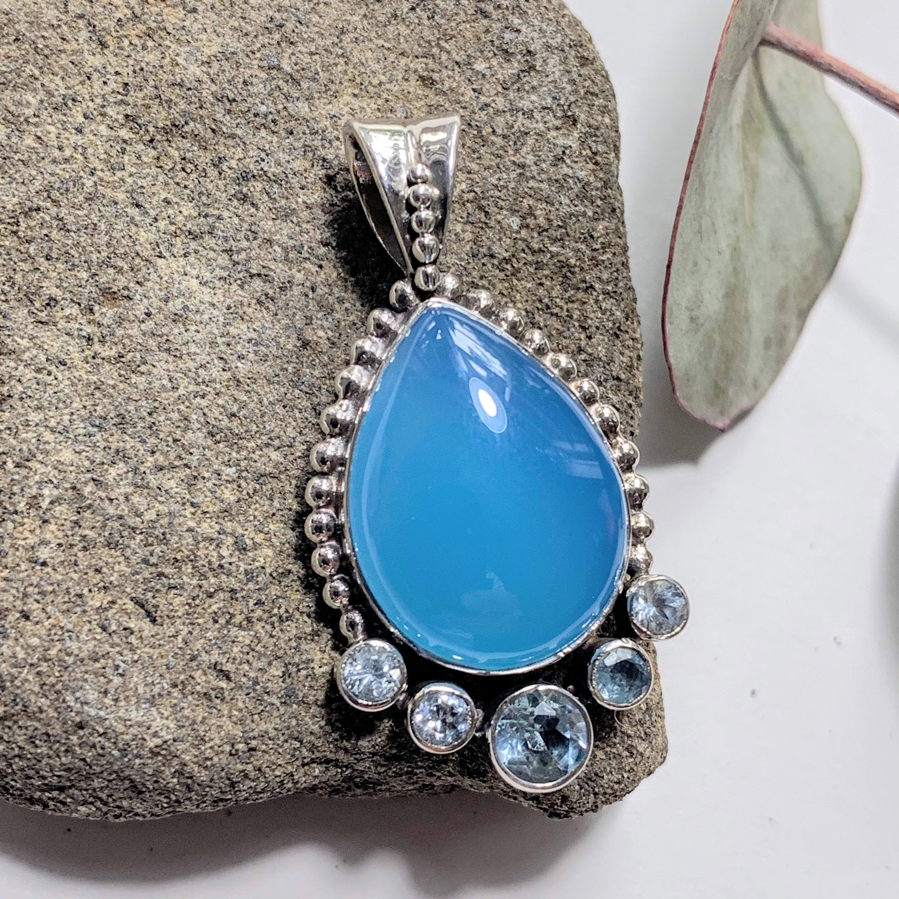 Calming Blue Faceted Topaz & Chalcedony Sterling Silver Pendant (Includes Silver Chain) - Earth Family Crystals