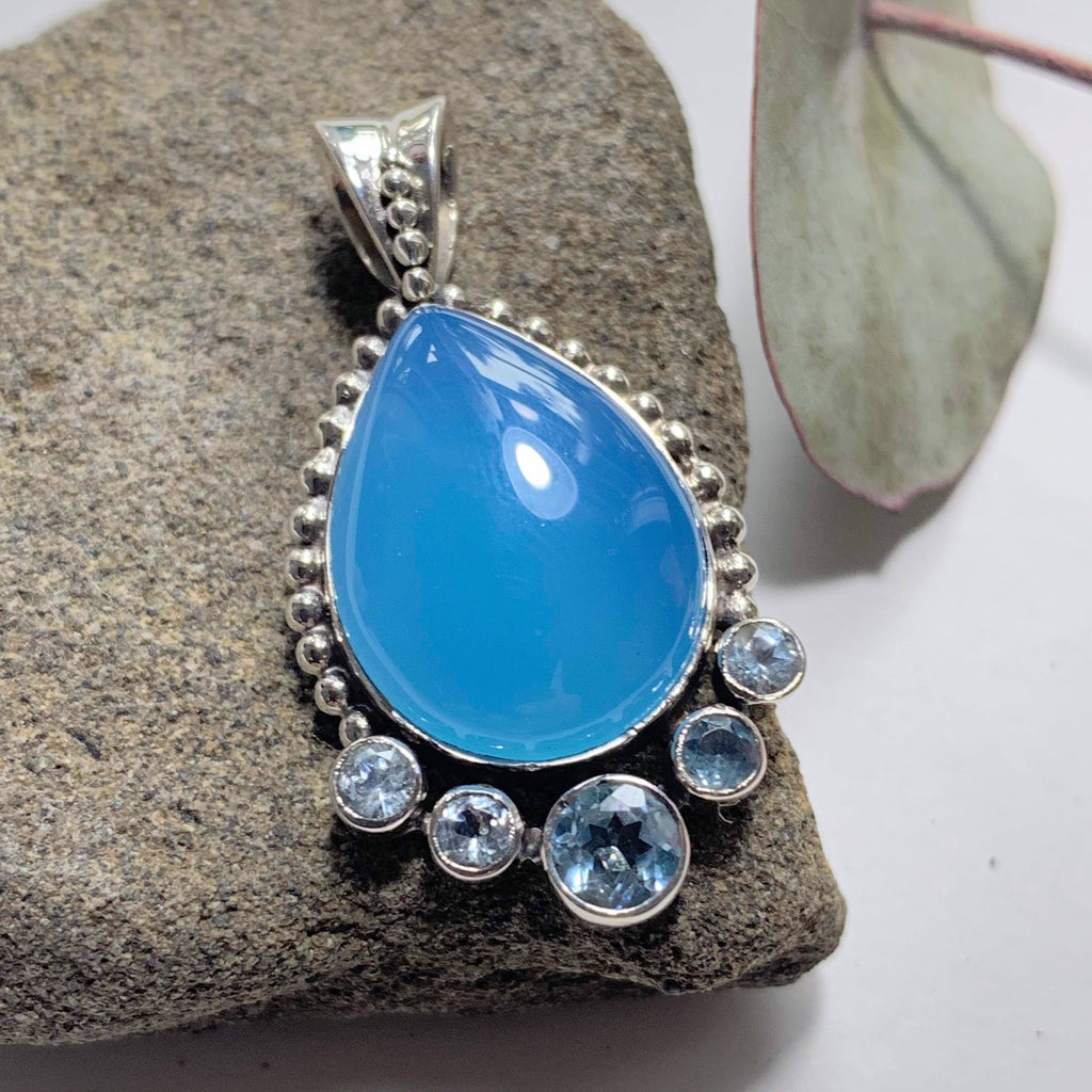 Calming Blue Faceted Topaz & Chalcedony Sterling Silver Pendant (Includes Silver Chain) - Earth Family Crystals