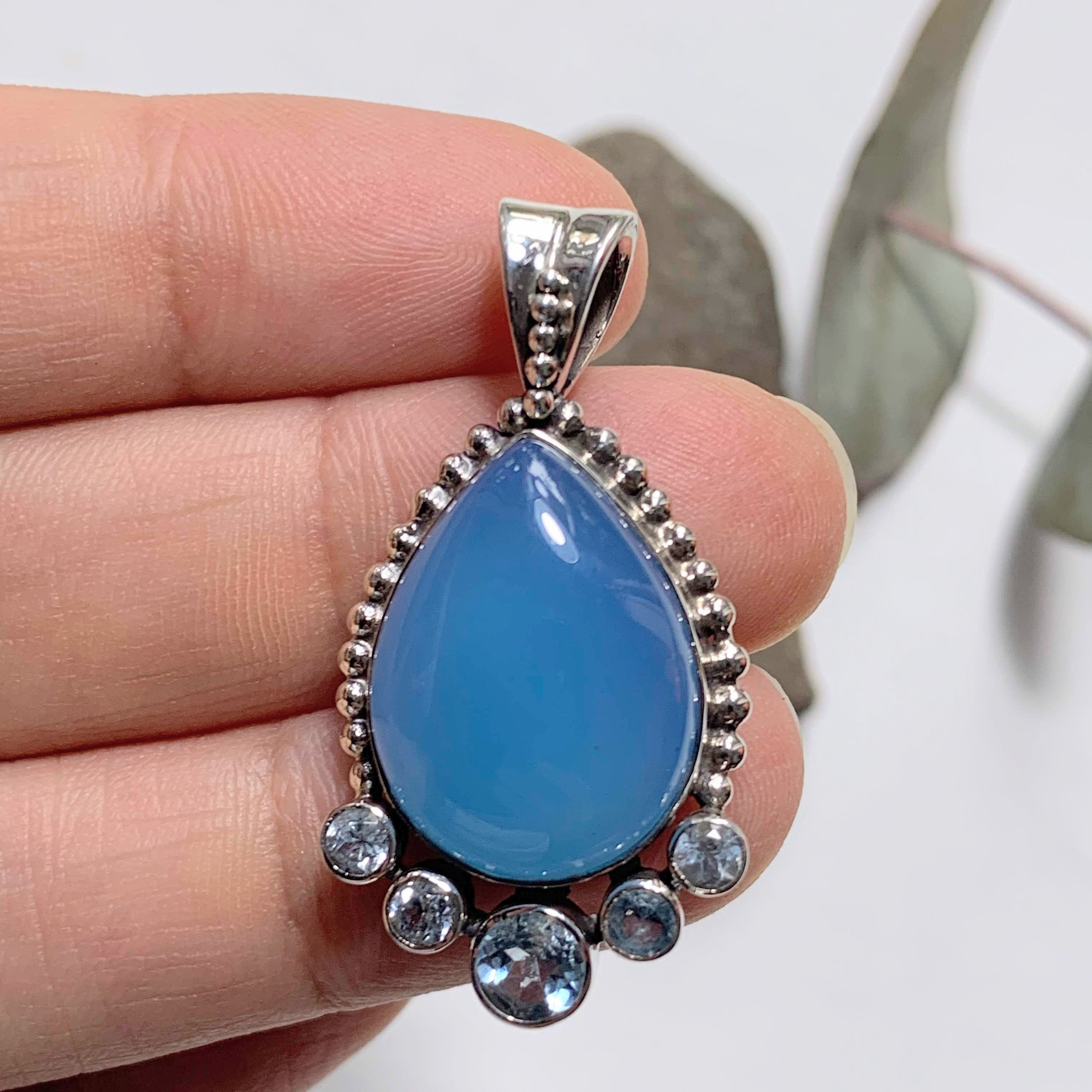 Calming Blue Faceted Topaz & Chalcedony Sterling Silver Pendant (Includes Silver Chain) - Earth Family Crystals