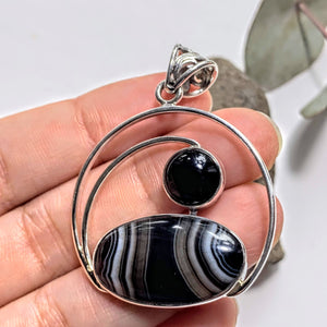 Lovely Patterns Botswana Agate & Black Onyx Sterling Silver Pendant (Includes Silver Chain) - Earth Family Crystals