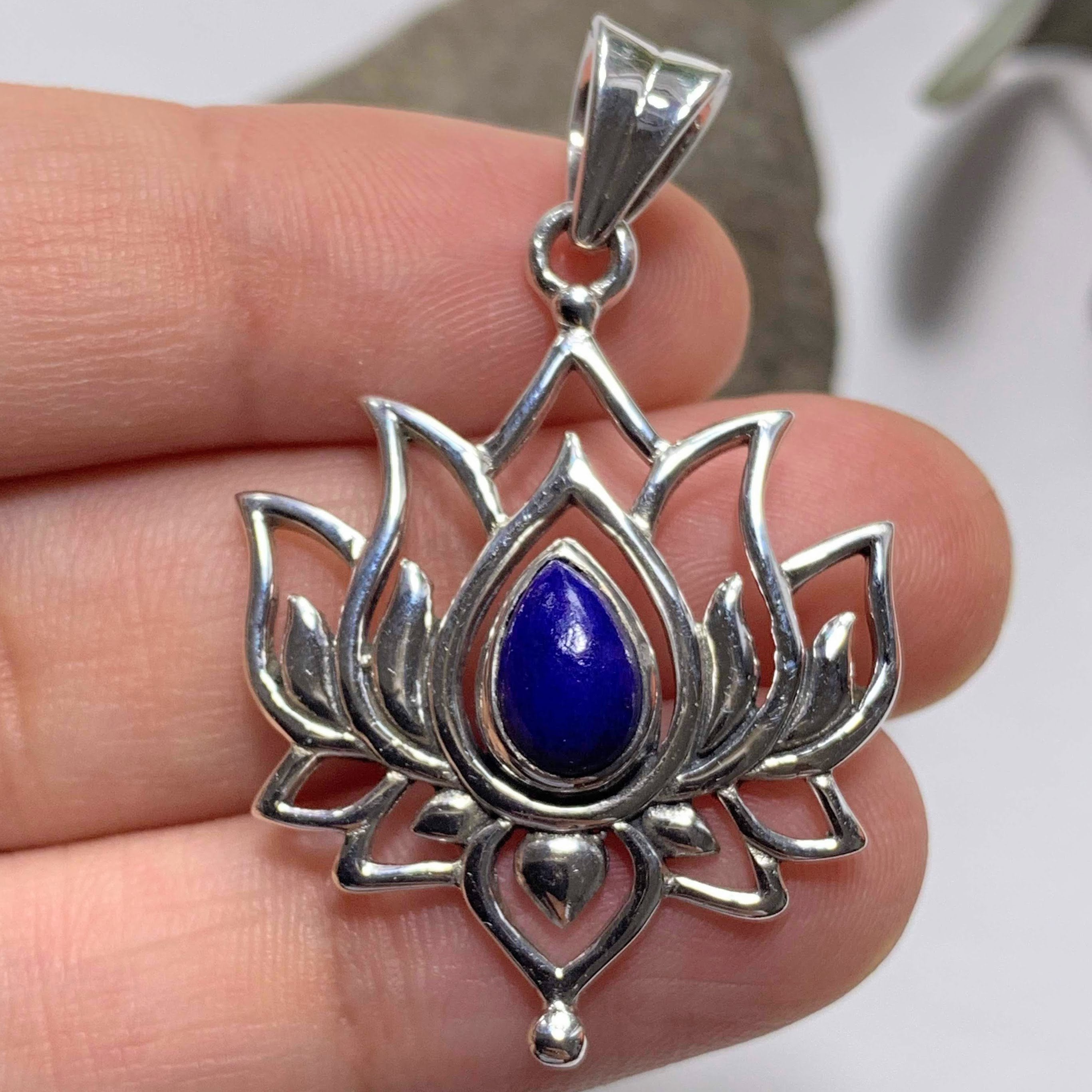 Cobalt Blue Lapiz Lazuli Lotus Sterling Silver Pendant (Includes Silver Chain) - Earth Family Crystals