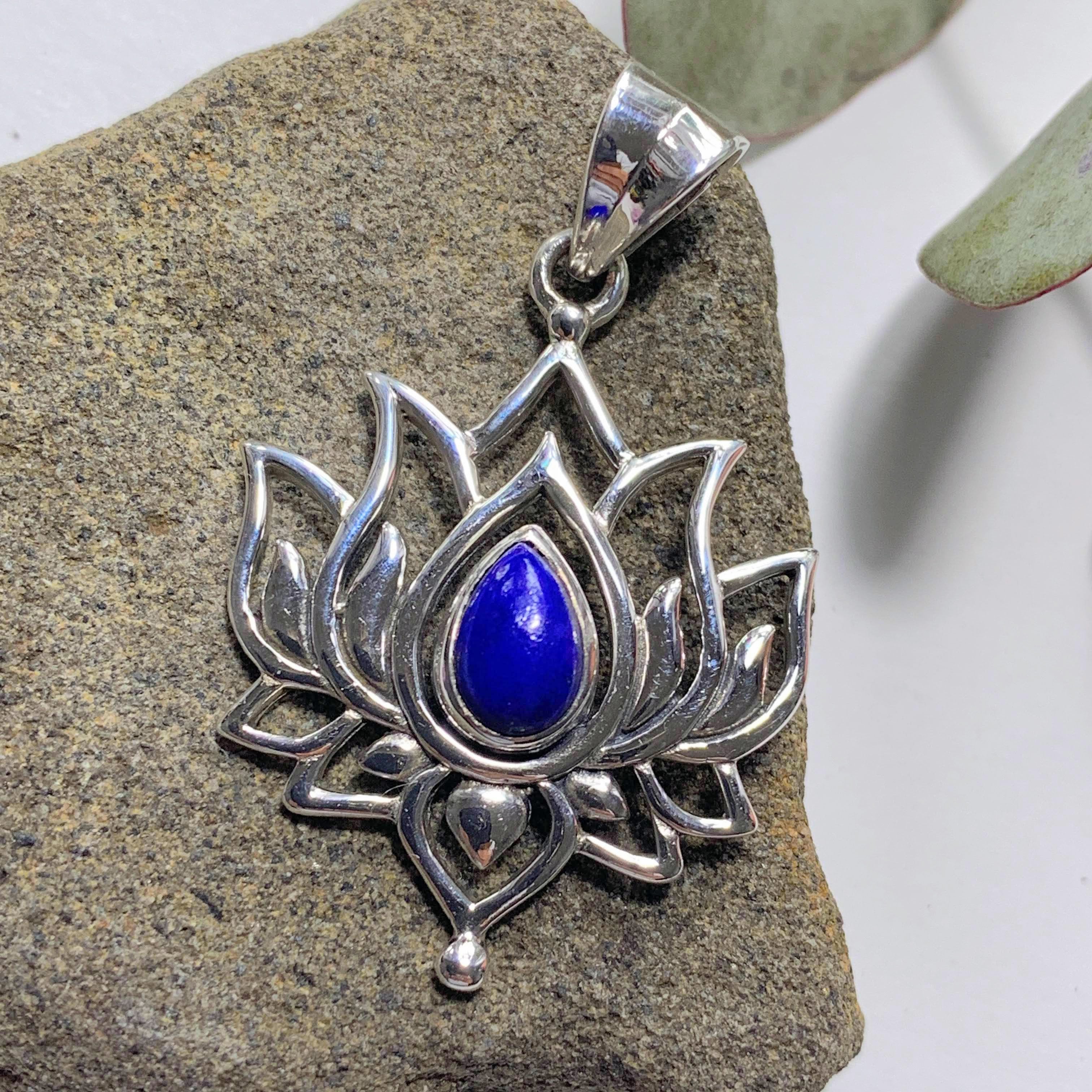 Cobalt Blue Lapiz Lazuli Lotus Sterling Silver Pendant (Includes Silver Chain) - Earth Family Crystals