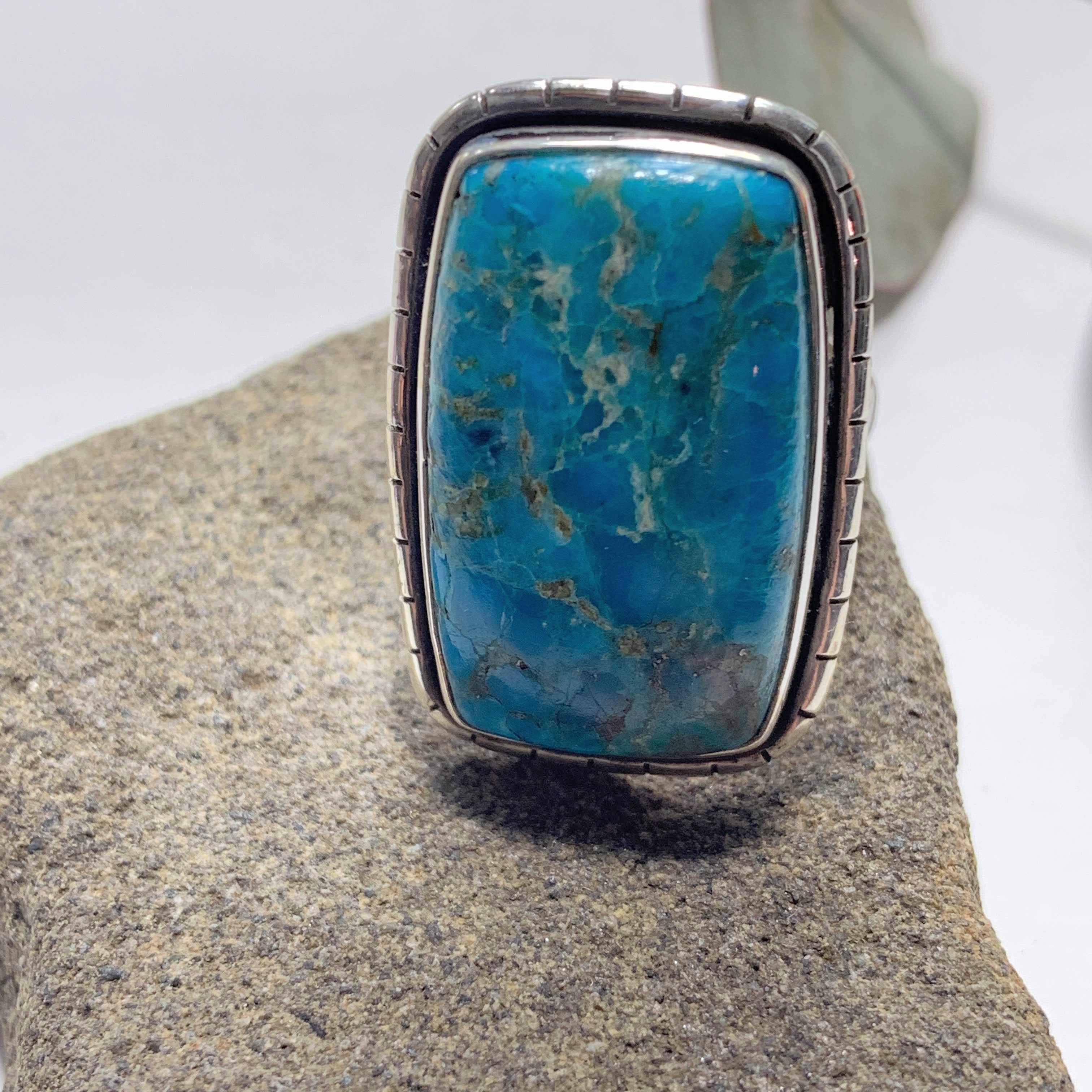 Vibrant Blue Genuine Arizona Turquoise Sterling Silver Ring (Size: 8.5 ) - Earth Family Crystals