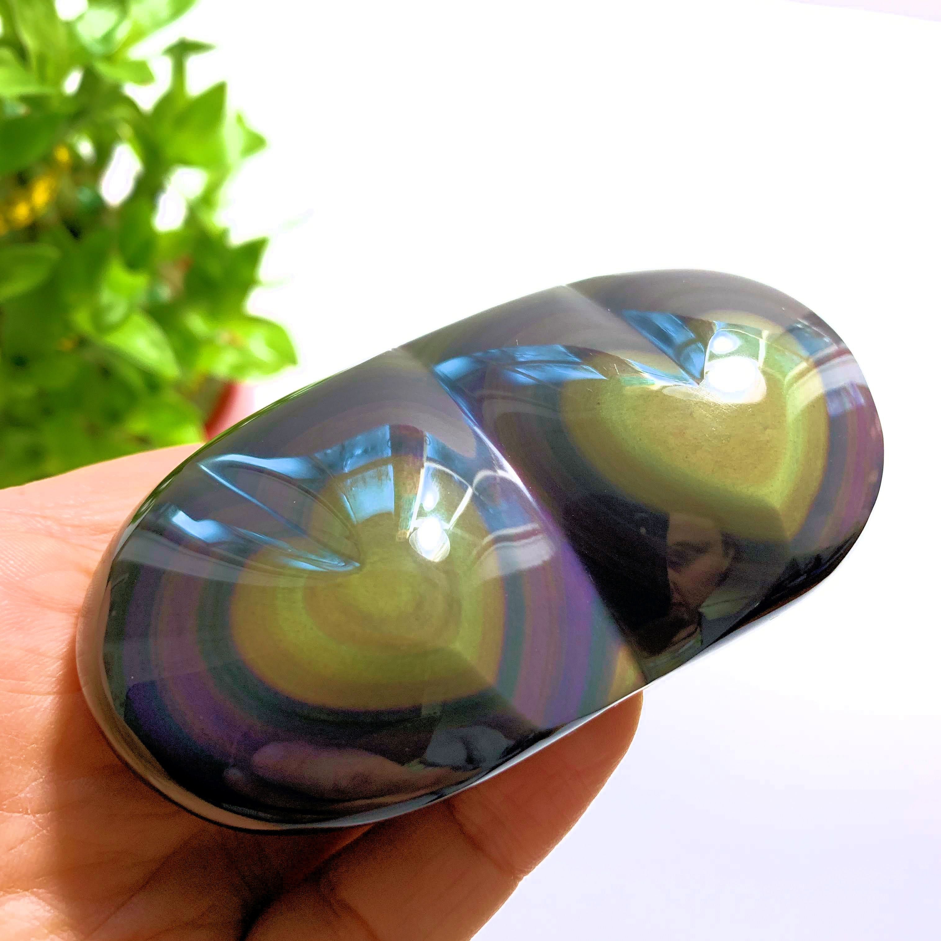 Double Heart Rainbow Obsidian Display Carving From Mexico