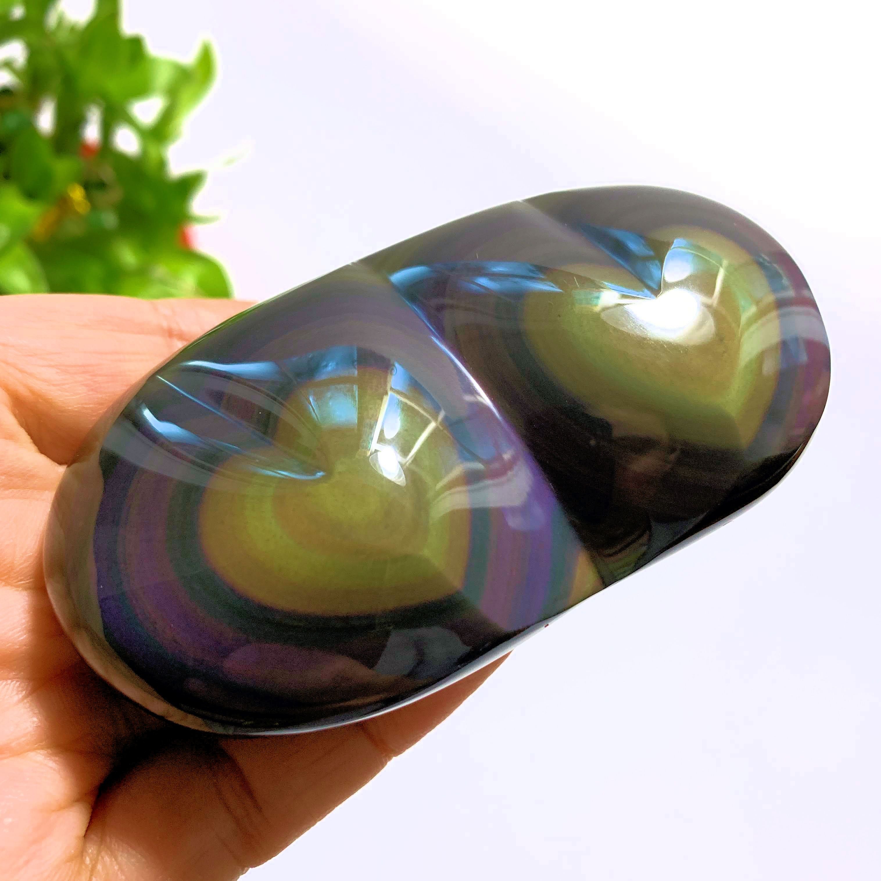 Double Heart Rainbow Obsidian Display Carving From Mexico