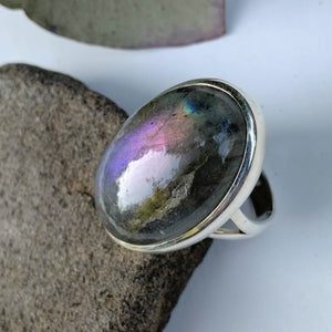 Pretty Pink & Purple Flash Labradorite Chunky Ring in Sterling Silver (Size 8.5) - Earth Family Crystals