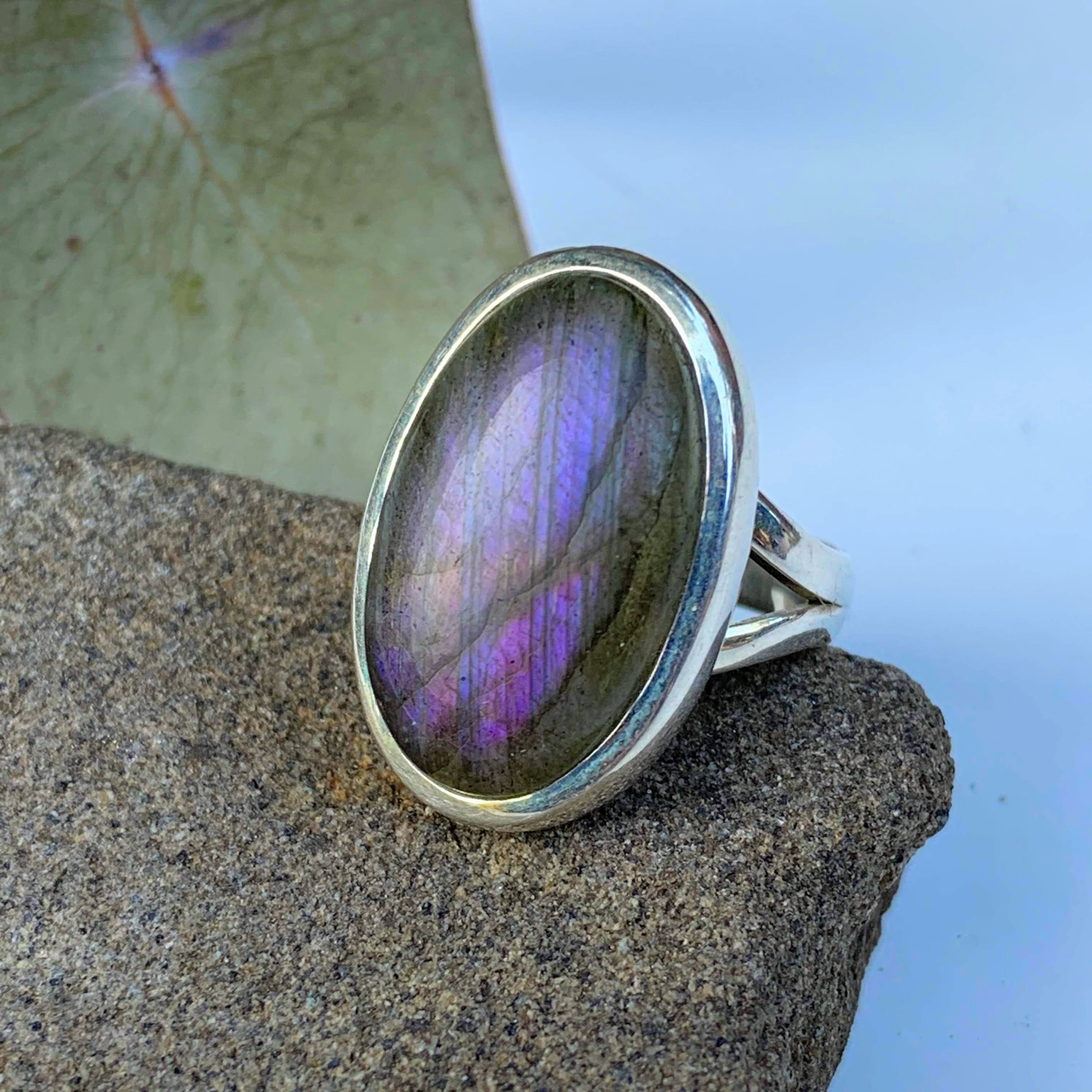 Pink & Purple Flash Labradorite Ring in Sterling Silver (Size 6) - Earth Family Crystals
