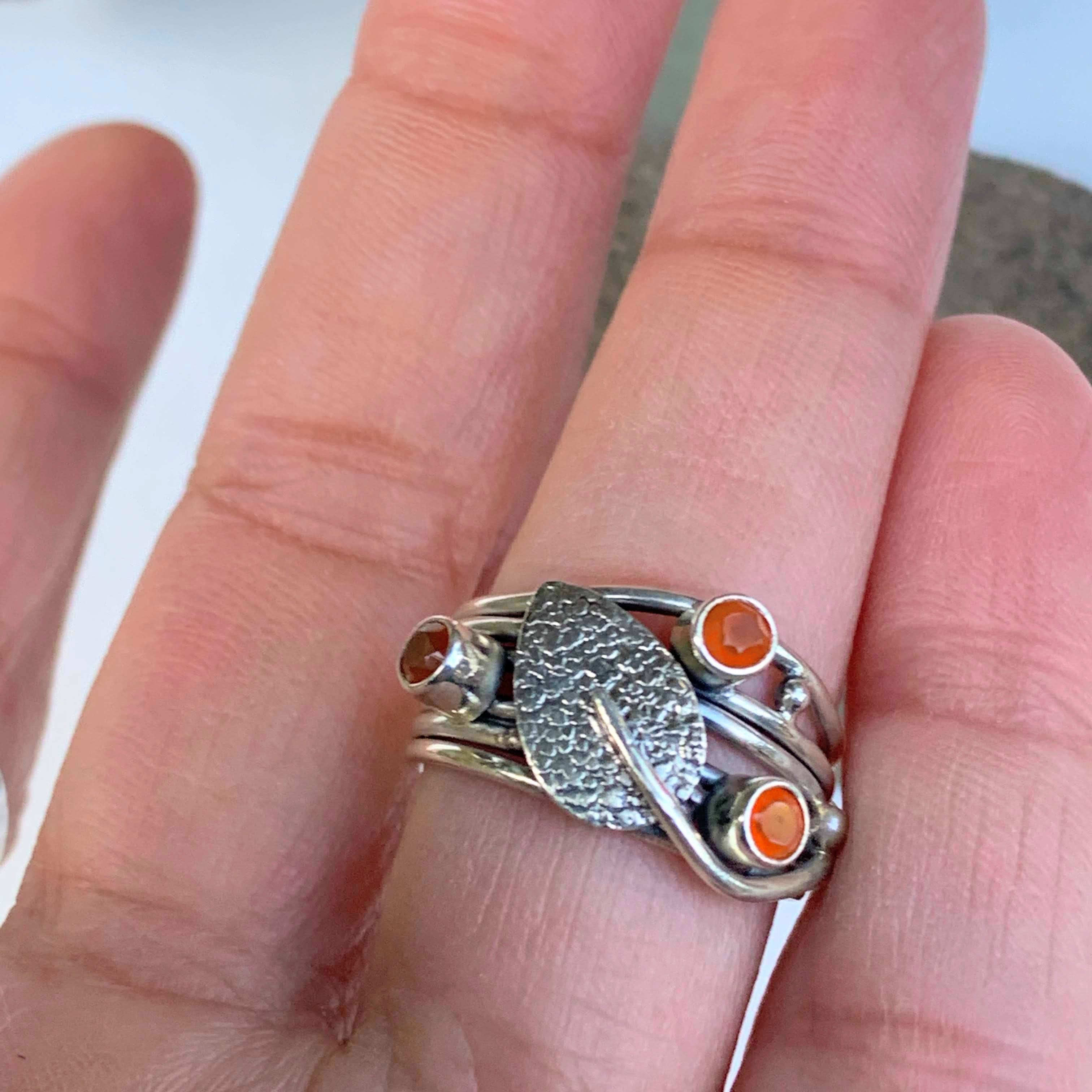 Unique Design Faceted Orange Carnelian Ring in Sterling Silver (Size 7) - Earth Family Crystals