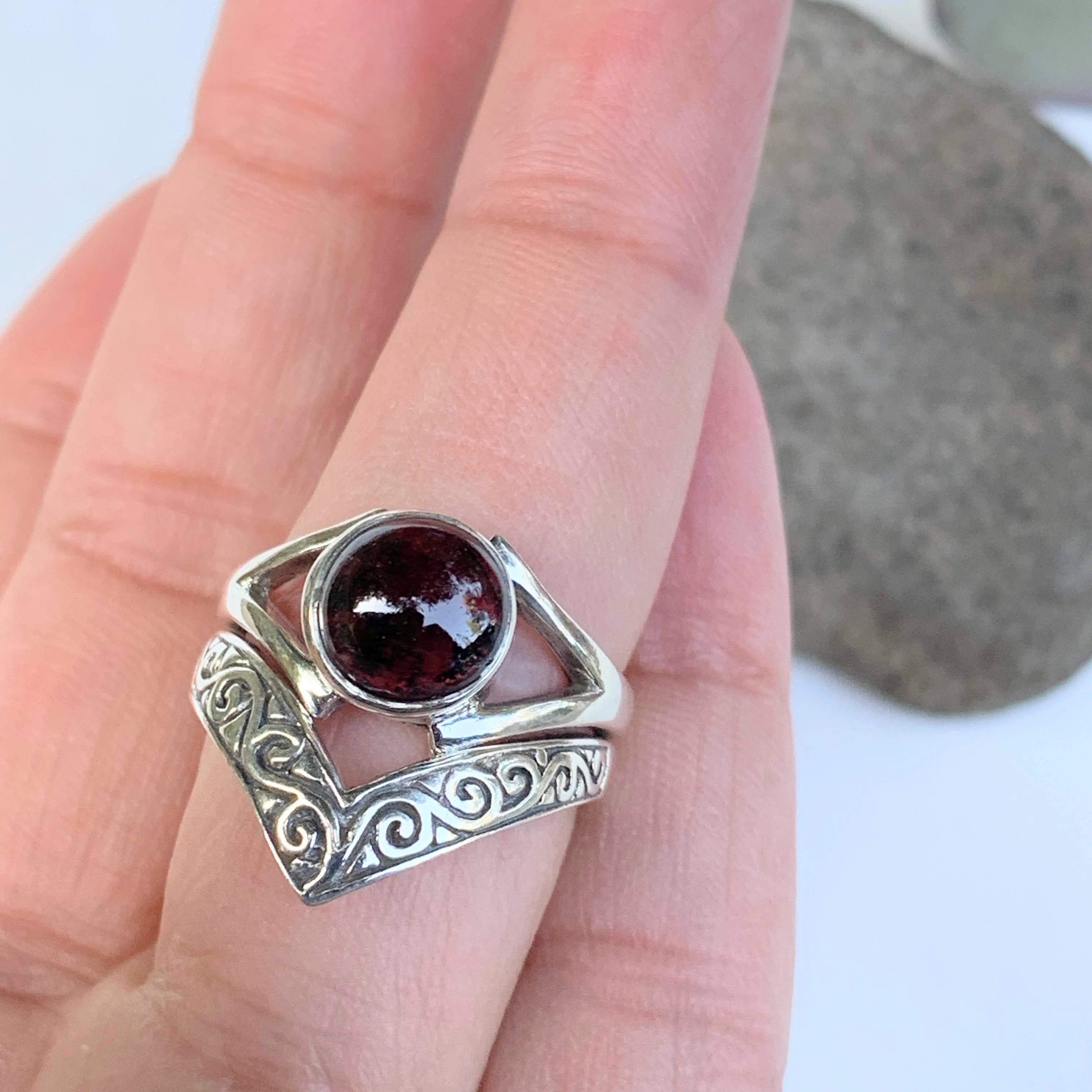 Elegant Deep Burgundy Garnet Gemstone Ring in Sterling Silver ( Size 7) - Earth Family Crystals