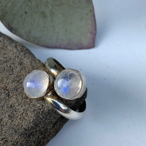 Rainbow Moonstone Double Gem Sterling Silver Ring (Adjustable: Size 6-10) - Earth Family Crystals