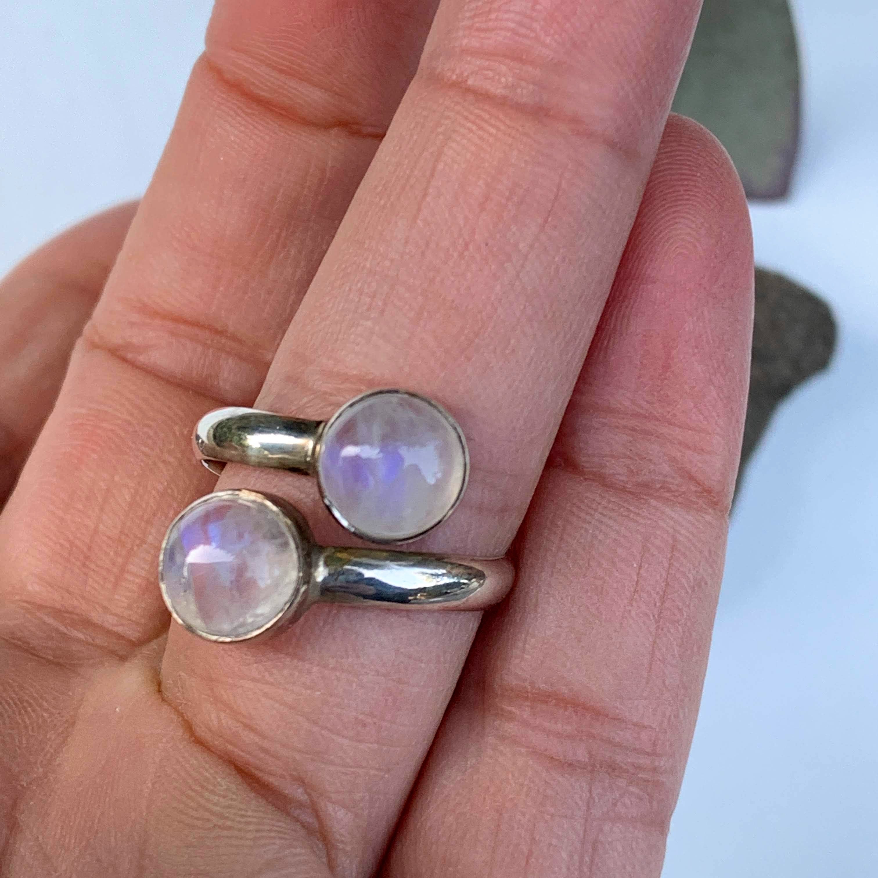 Rainbow Moonstone Double Gem Sterling Silver Ring (Adjustable: Size 6-10) - Earth Family Crystals