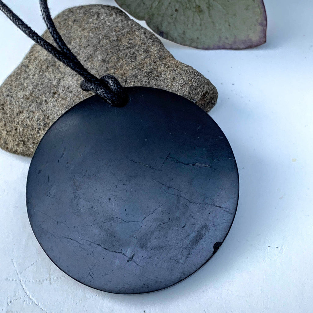 EMF Protective Chunky Full Moon Shungite Pendant on Adjustable Cotton Cord (REDUCED) - Earth Family Crystals