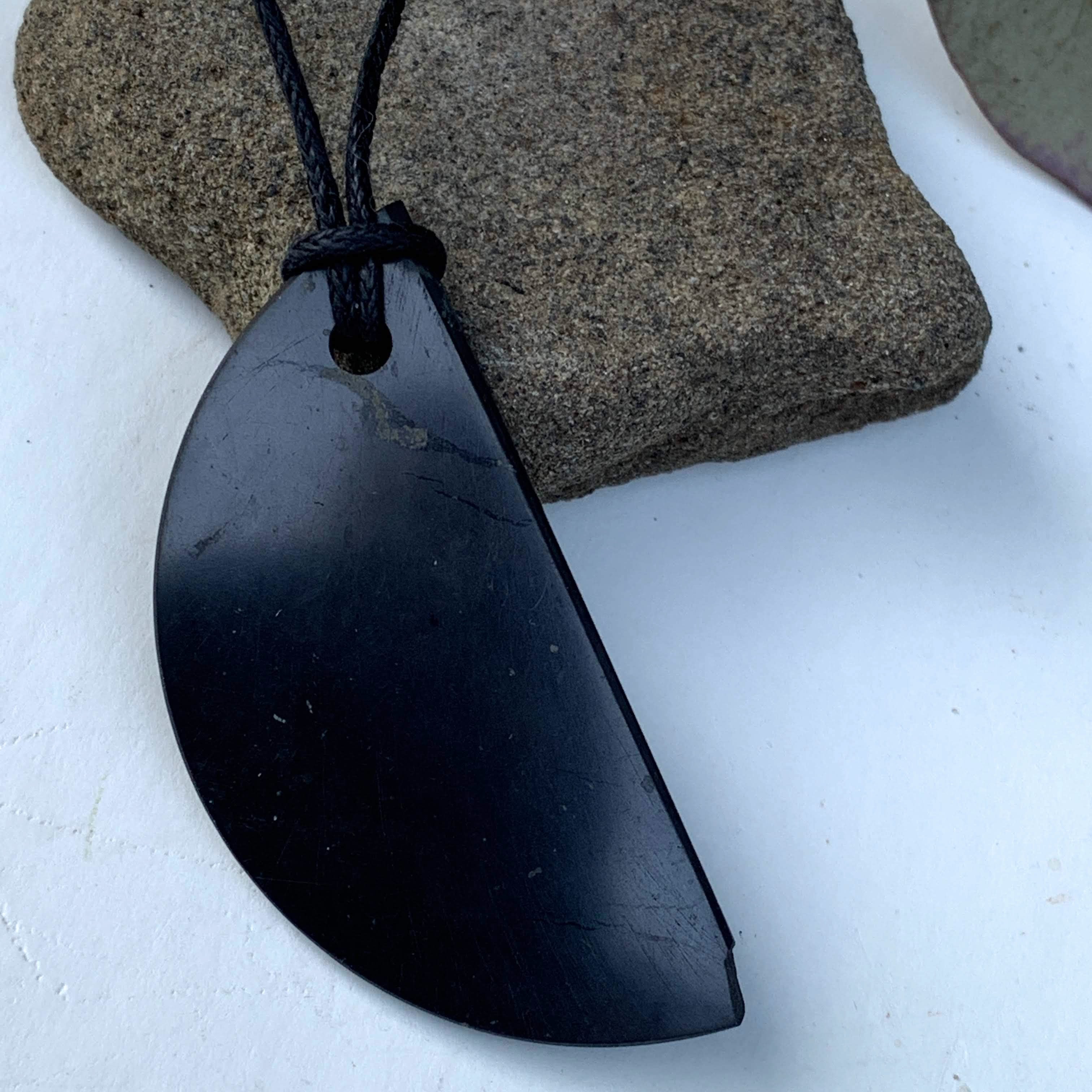 EMF Protection Shungite Half Moon Pendant on Cotton Cord REDUCED - Earth Family Crystals