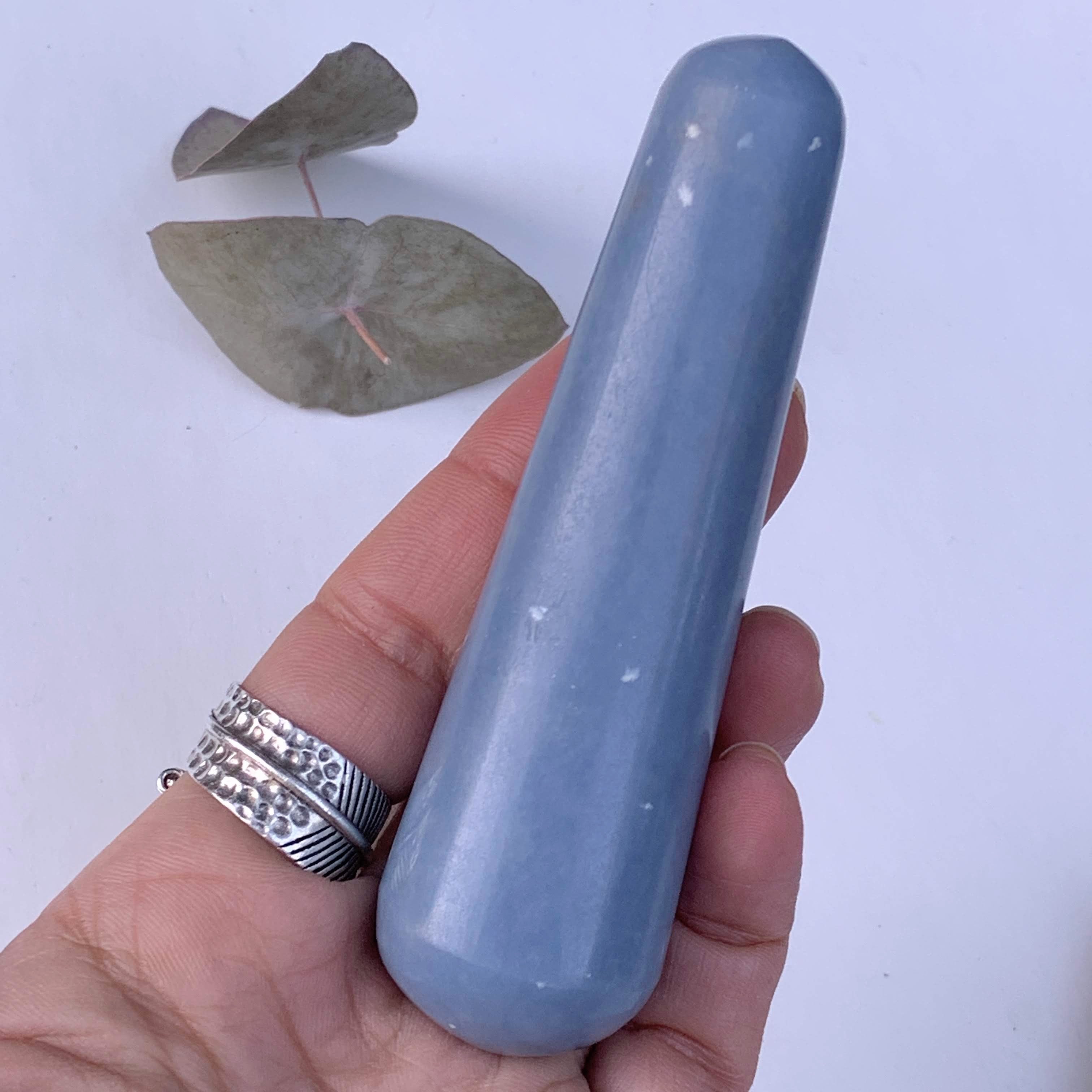 Creamy Blue Angelite Wand Carving From Peru - Earth Family Crystals