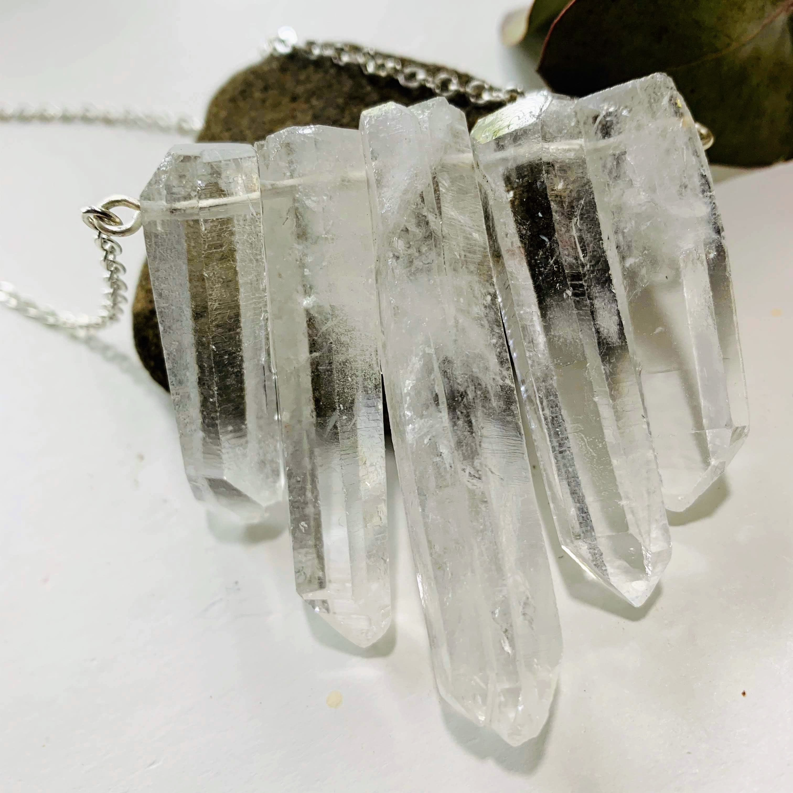 Brilliant Clear Quartz Natural Points Necklace on Long Silver Chain (40 inch) - Earth Family Crystals
