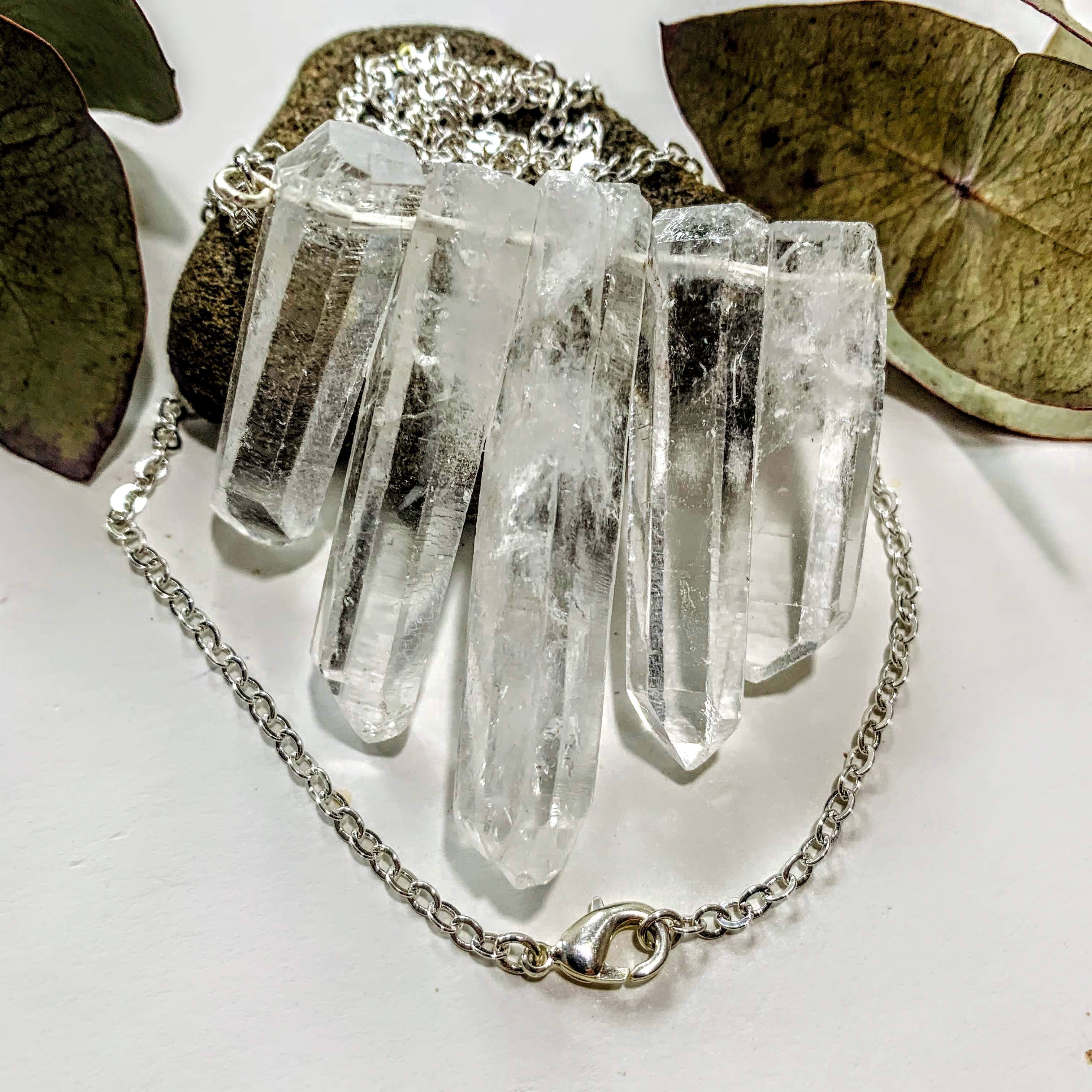 Brilliant Clear Quartz Natural Points Necklace on Long Silver Chain (40 inch) - Earth Family Crystals