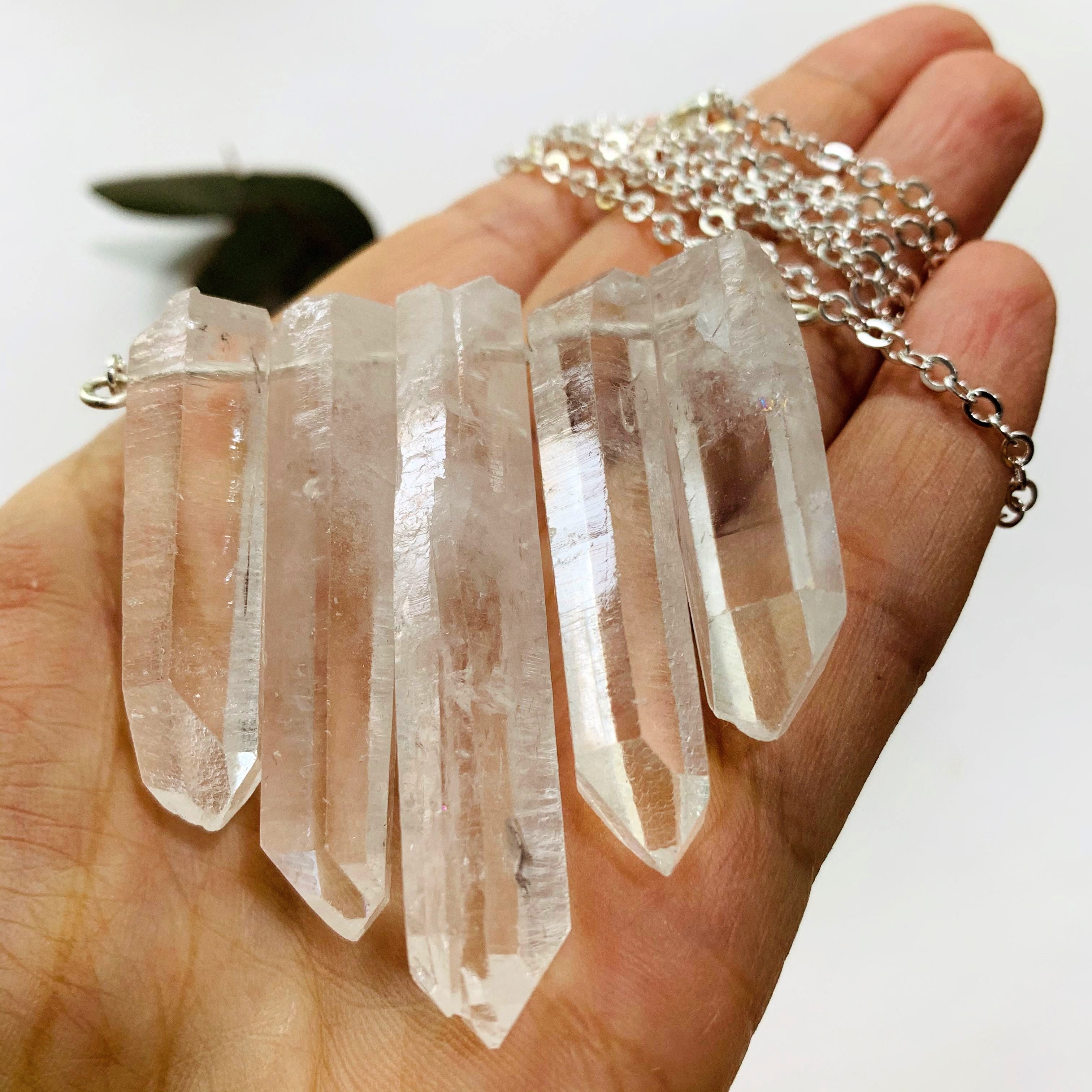 Brilliant Clear Quartz Natural Points Necklace on Long Silver Chain (40 inch) - Earth Family Crystals