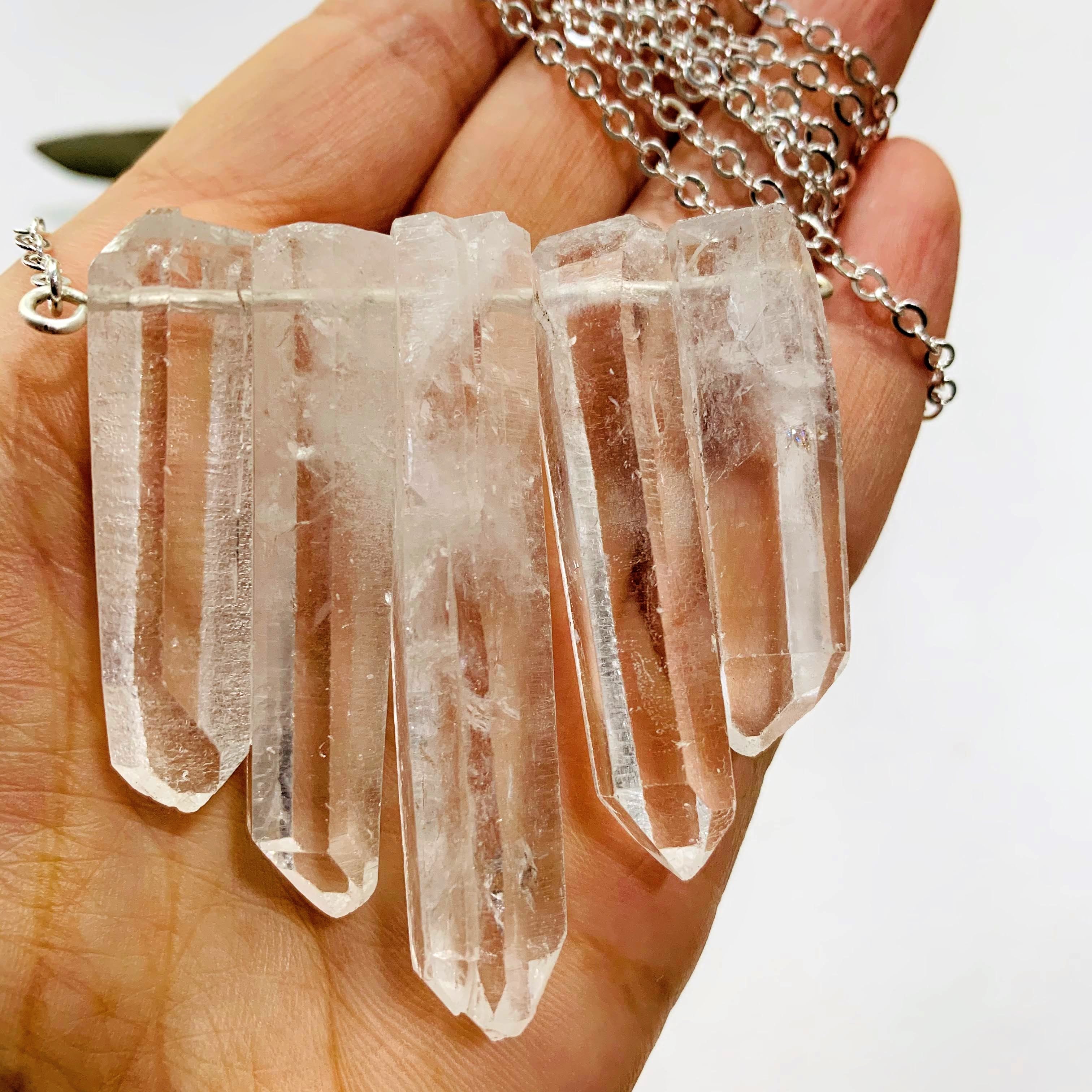 Brilliant Clear Quartz Natural Points Necklace on Long Silver Chain (40 inch) - Earth Family Crystals