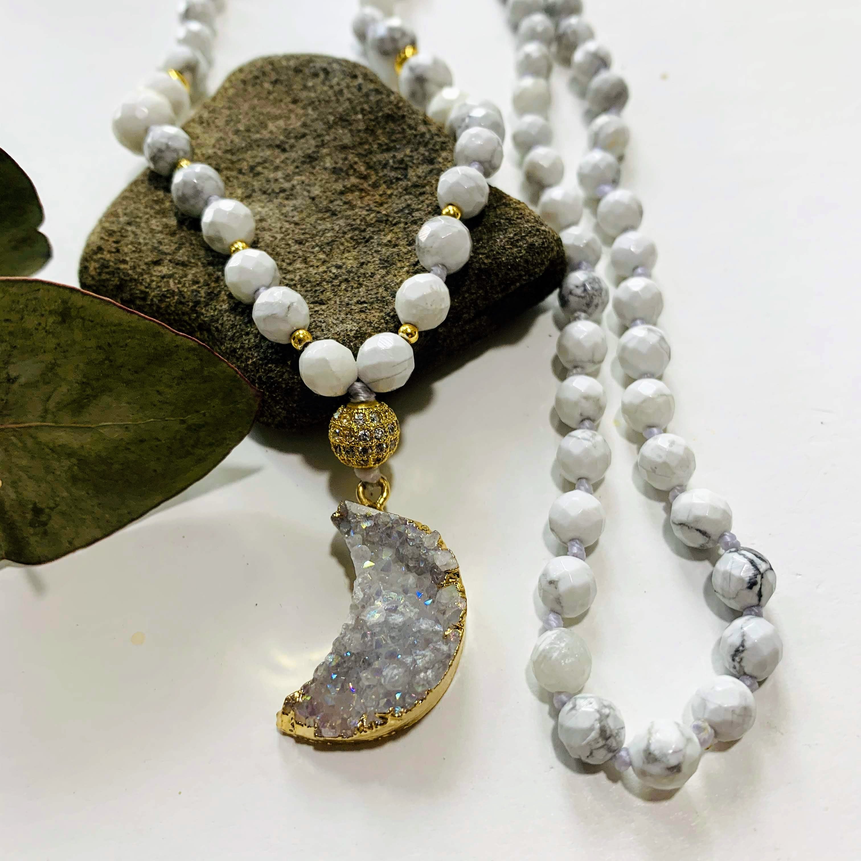 Gorgeous Druzy Quartz Crescent Moon & White Howlite Beaded Long Mala Style Necklace - Earth Family Crystals