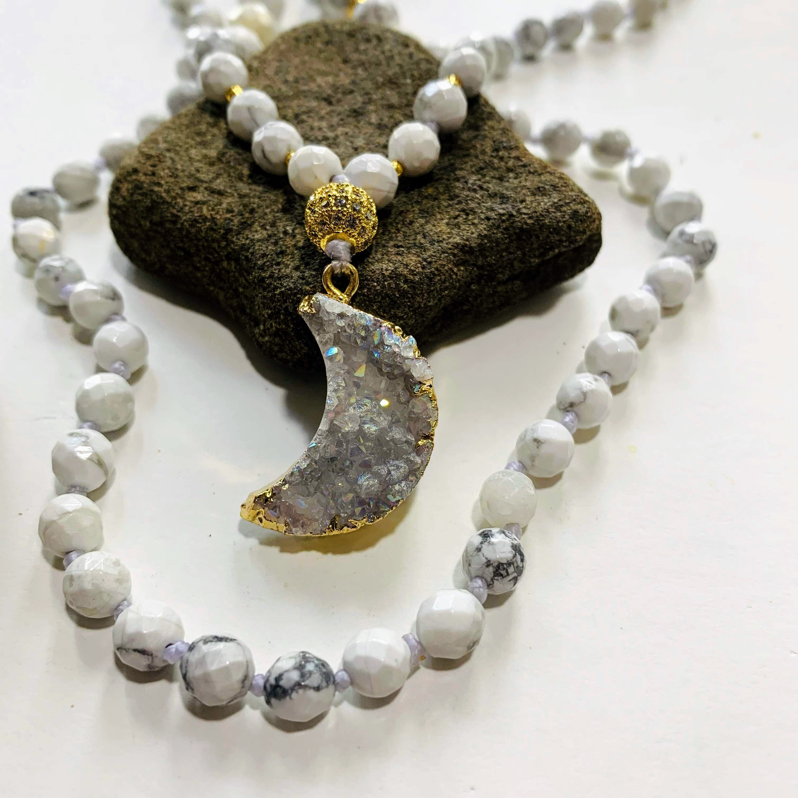 Gorgeous Druzy Quartz Crescent Moon & White Howlite Beaded Long Mala Style Necklace - Earth Family Crystals