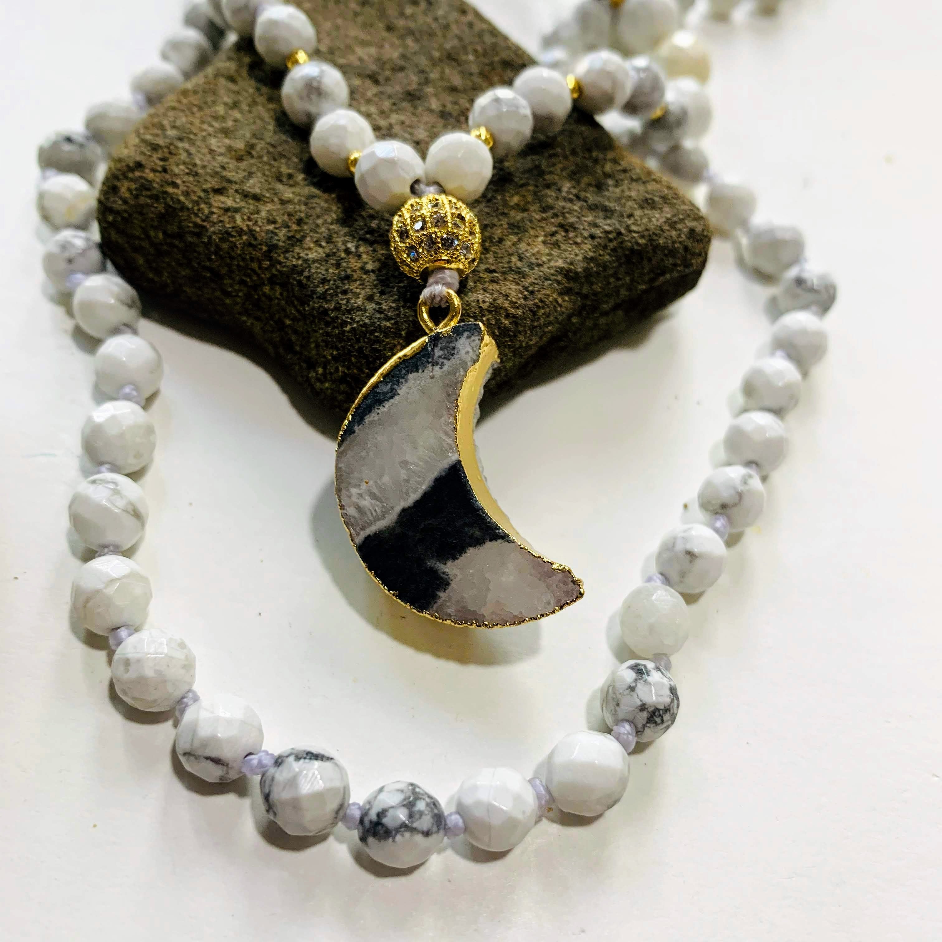 Gorgeous Druzy Quartz Crescent Moon & White Howlite Beaded Long Mala Style Necklace - Earth Family Crystals