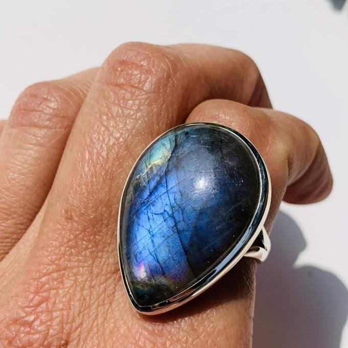 Chunky & Rare Purple Labradorite Gemstone Ring in Sterling Silver (Size 9) - Earth Family Crystals