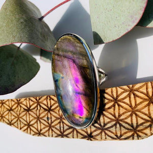 Chunky & Rare Silky Purple Labradorite Gemstone Ring in Sterling Silver (Size 10) - Earth Family Crystals