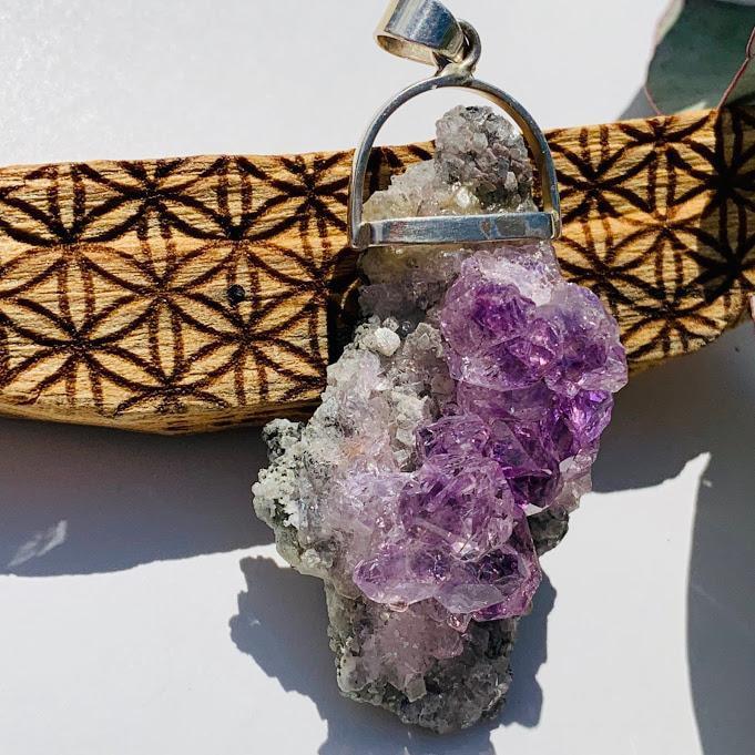 Breathtaking Gemmy Raw Lavender Amethyst Flower on Matrix Sterling Silver Pendant (Includes Silver Chain) - Earth Family Crystals