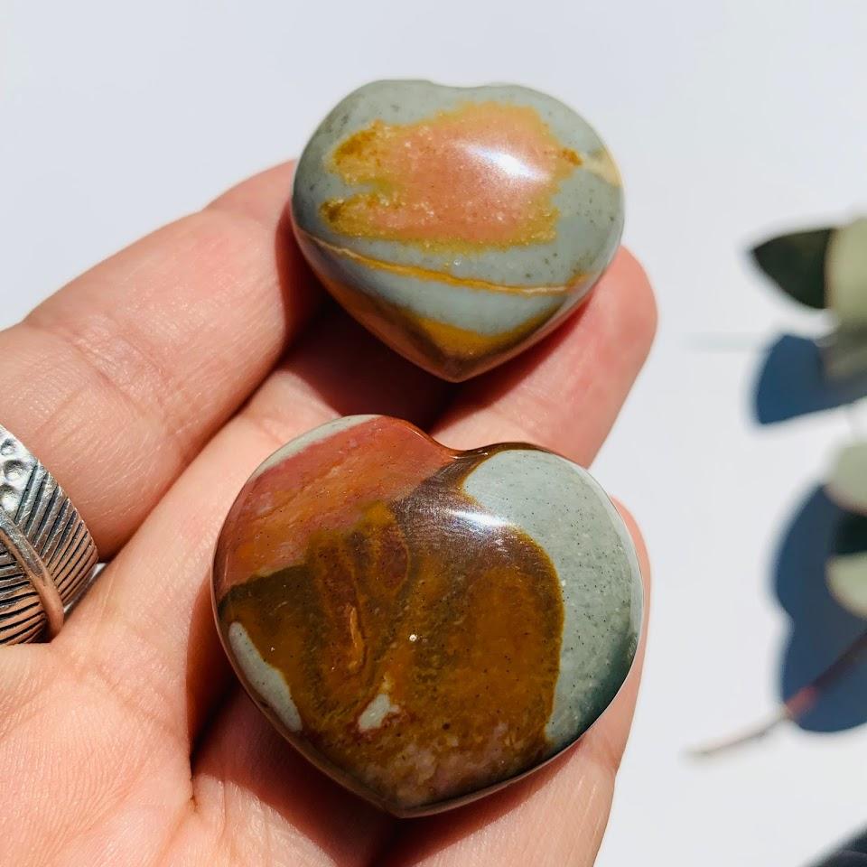 Set of 2 Creamy Swirls Polychrome Jasper Hand Held Heart Carvings