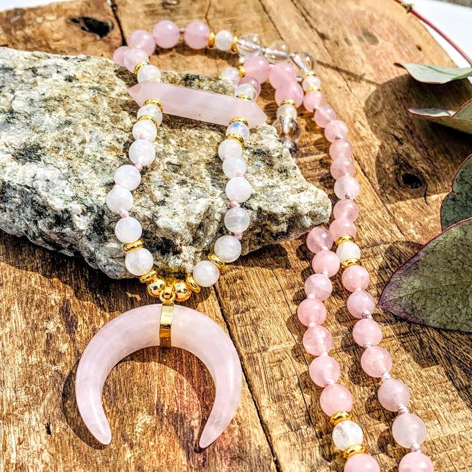 Stunning Beaded Rose Quartz Moon & Rainbow Moonstone Long Mala Style Necklace