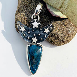 Trendy Crescent Moon & Stars Blue Apatite Oxidized Sterling Silver Pendant (Includes Silver Chain) - Earth Family Crystals