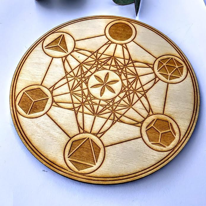 Crystal Mandala Set -Includes Metatron's Cube Birch Wood Board, Natural Golden Spirit Quartz & 6 Golden Healer Quartz Points - Earth Family Crystals