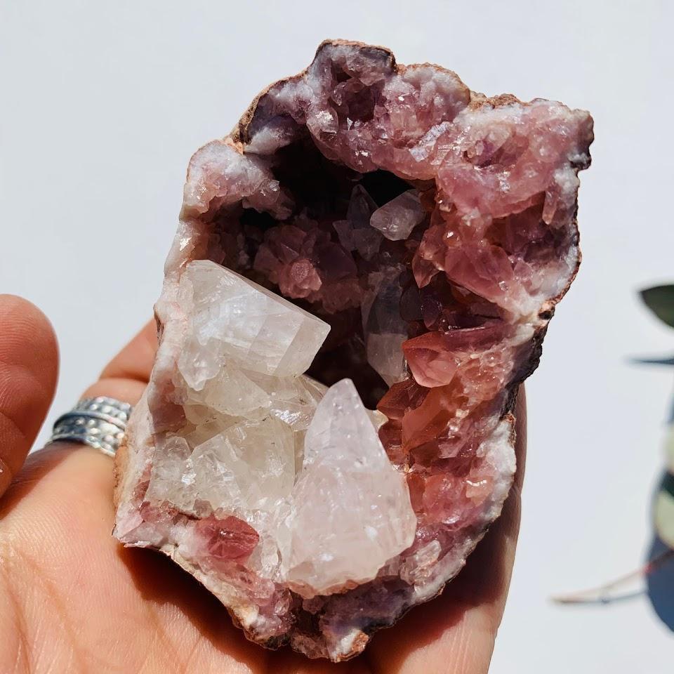 Deep Magenta Pink Amethyst & Clear Stellar Beam Calcite Included Geode from Patagonia - Earth Family Crystals