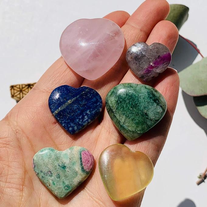 Set of 6 Mini Hearts-Rose Quartz, Golden Fluorite, Lapis Lazuli, Ruby Fuschite, Green Aquamarine, Ruby Feldspar Carvings